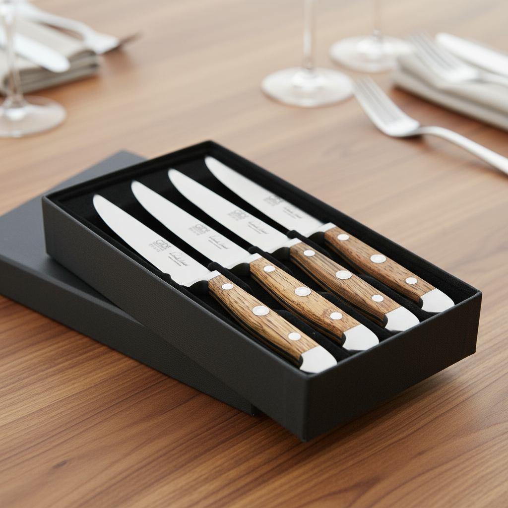 Gude Alpha Barrel Oak Series 4-Piece Steak Knife Set, Oak Wood Handle