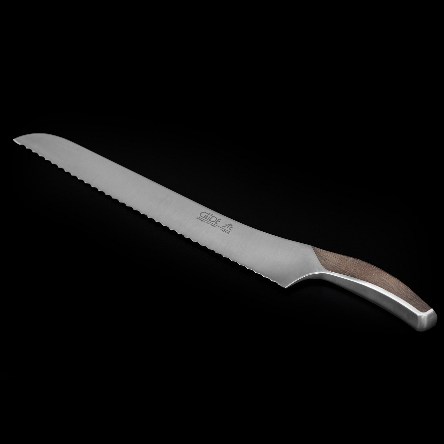 Gude Synchros Series Forged Bread Knife 12", Flamed Oakwood Handle and Serrated Blade - GuedeUSA