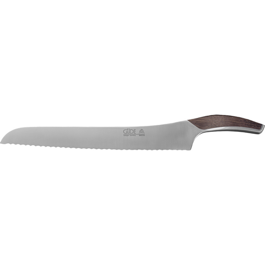 Gude SYNCHROS Series Forged Serrated Bread Knife 12-in, Smoked Oakwood Handle - Gude Shop USA