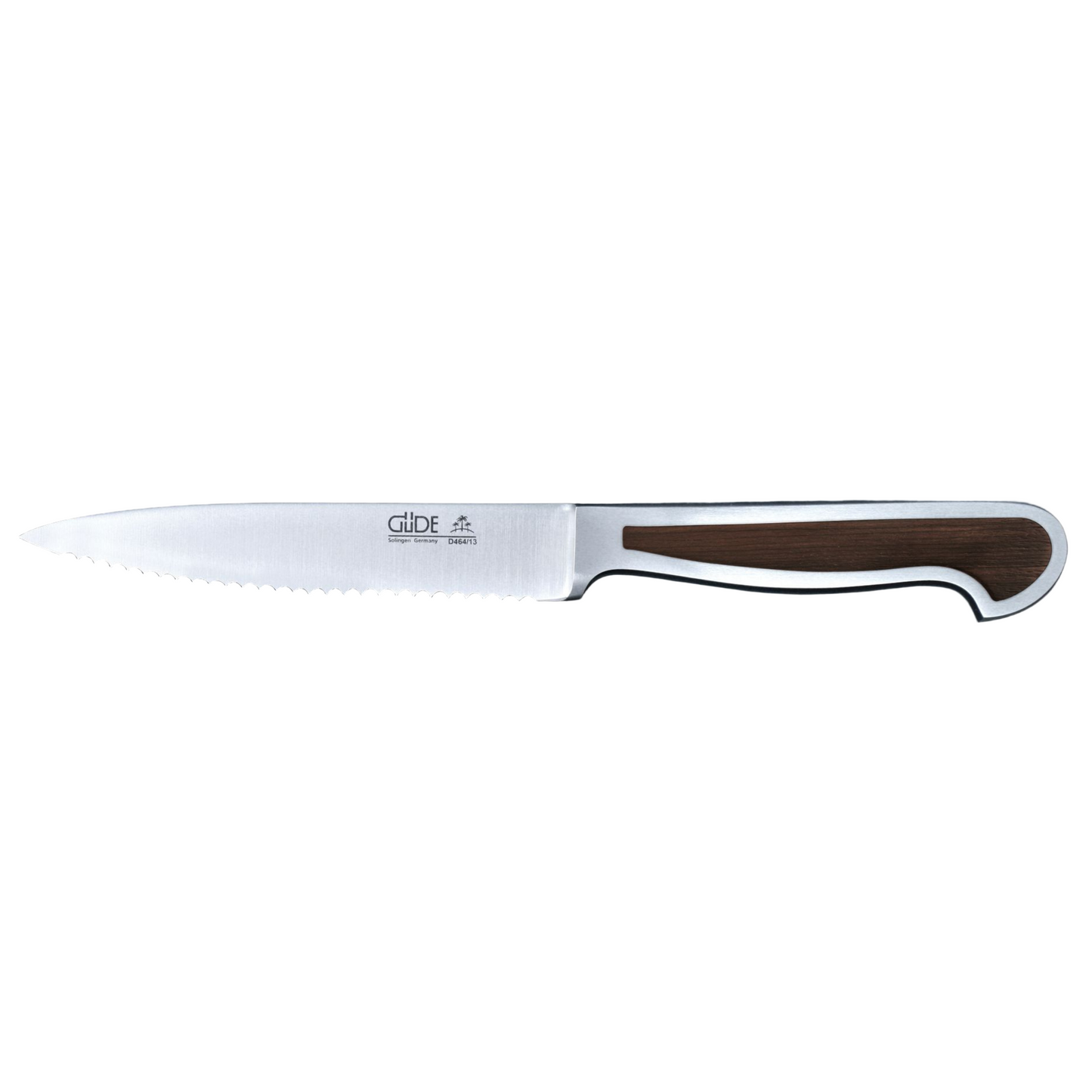 Gude Delta Series Forged Double Bolster Serrated Tomato Knife 5-in, African Blackwood Handle