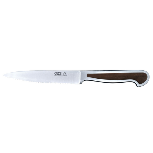 Gude Delta Series Forged Double Bolster Serrated Tomato Knife 5-in, African Blackwood Handle - Gude Shop USA