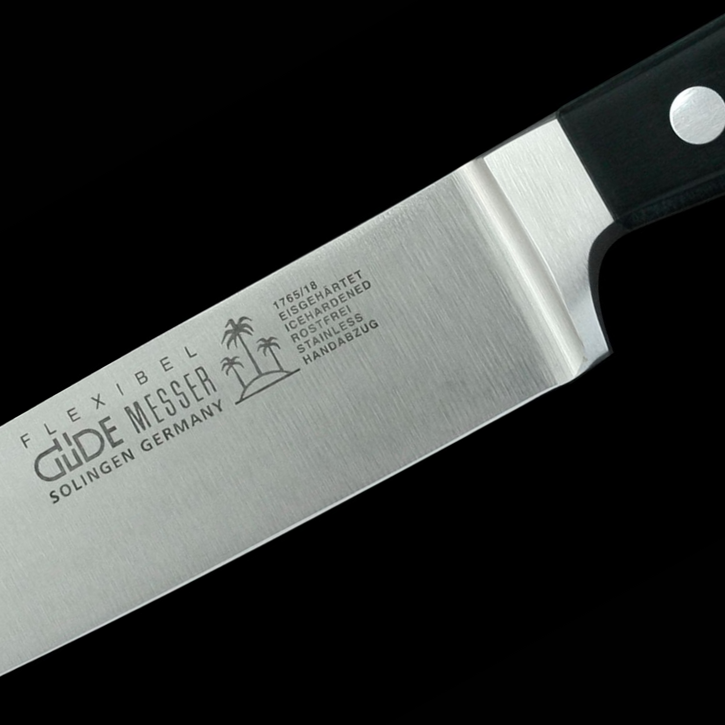 Gude Alpha Series Forged Double Bolster Fillet Knife 7", Black Hostaform Handle - GuedeUSA