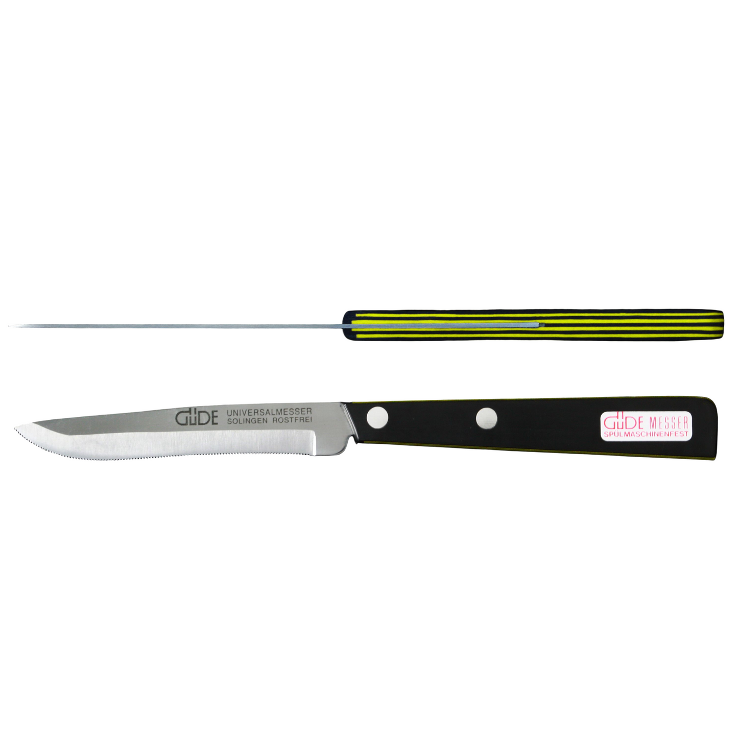Gude Universal Series Utility Serrated Knife 4-in, Black / Yellow Hostaform Handle - Gude Shop USA