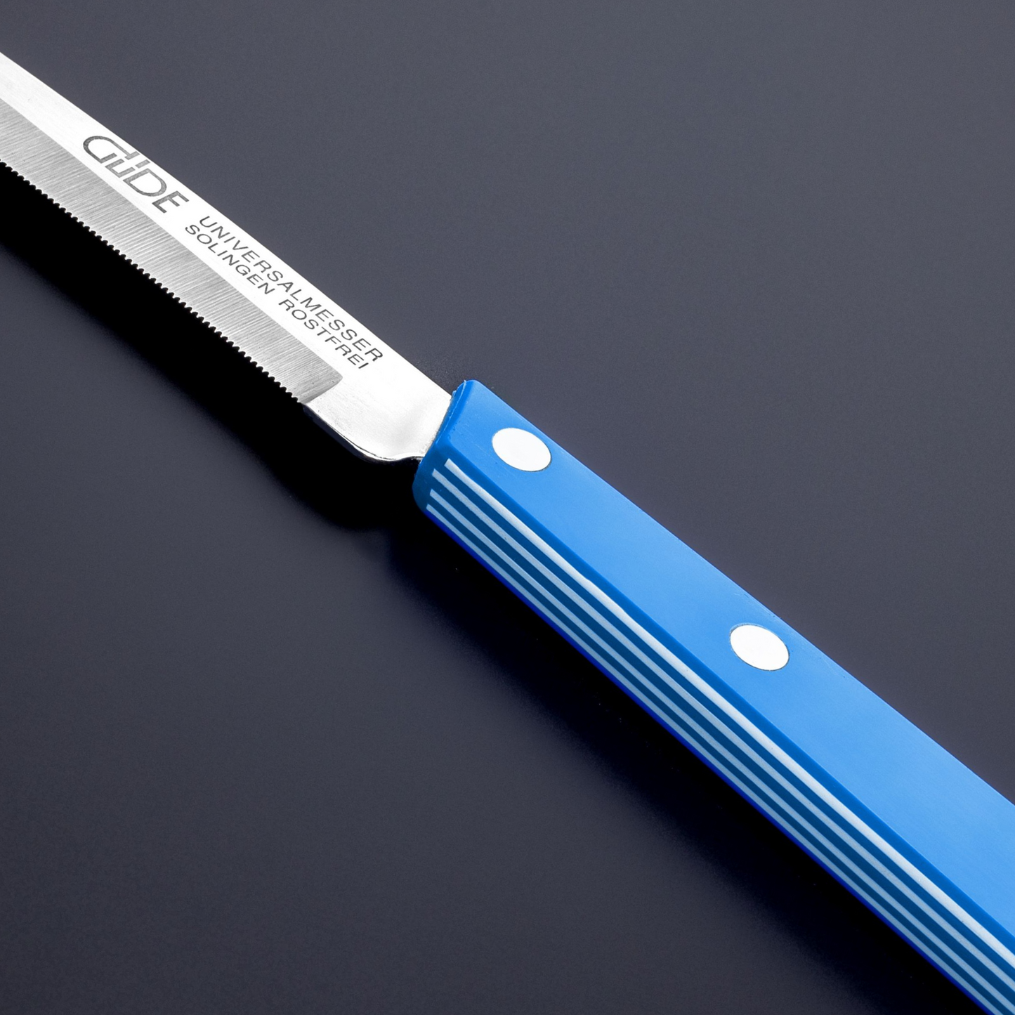 Gude Universal Knife Series 4", White / Blue Hostaform Handle and Serrated Blade - GuedeUSA