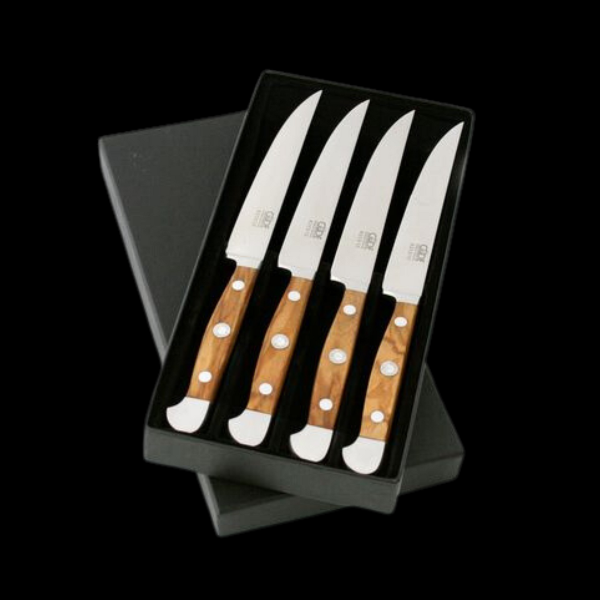 Gude Alpha Olive Series 4pc Steak Knife Set, Olivewood Handle and Serrated Blade - GuedeUSA