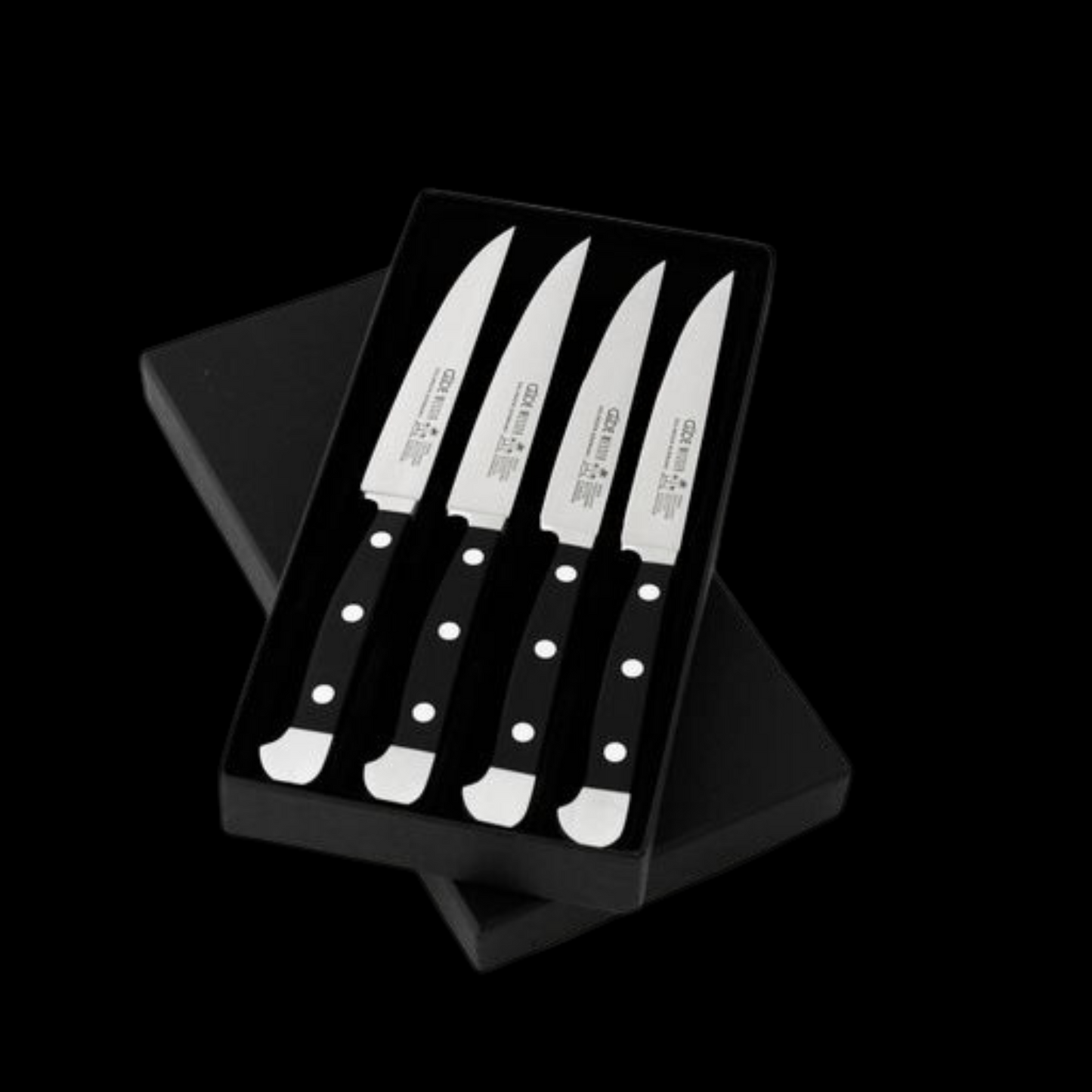 Gude Alpha Series 4pc Steak Knife Set, Black Hostaform Handle and Serrated Blade - GuedeUSA