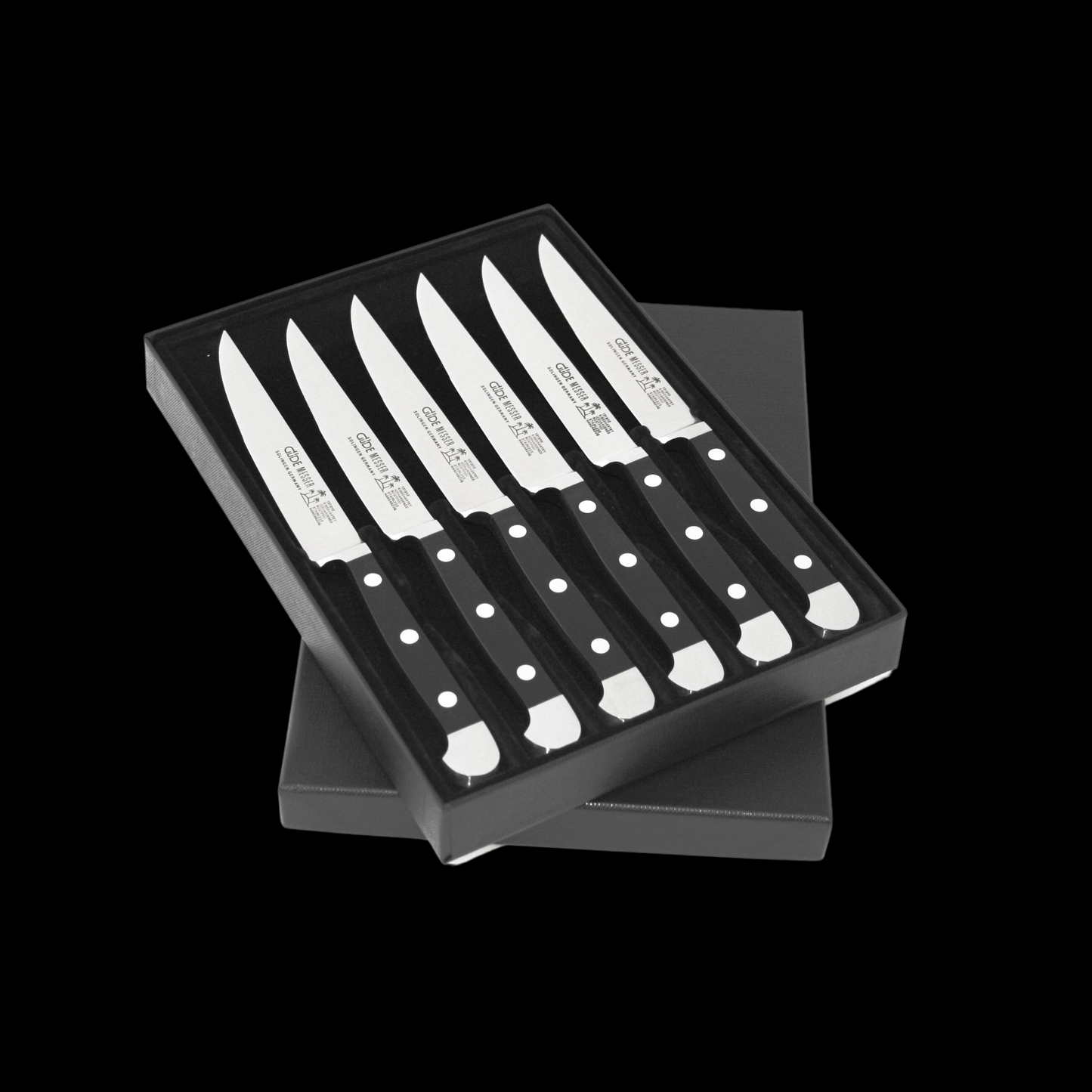 Gude Alpha Series 6pc Steak Knife Set, Black Hostaform Handle and Serrated Blade - GuedeUSA