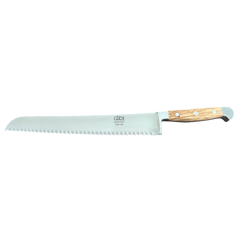 Franz Gude Series High Carbon Double Bolster Bread Knife 12", Italian Oak Wood Handle and Serrated Blade - GuedeUSA