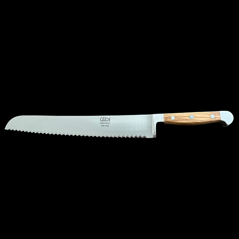 Franz Gude Series High Carbon Double Bolster Bread Knife 12", Italian Oak Wood Handle and Serrated Blade, Left Handed - GuedeUSA