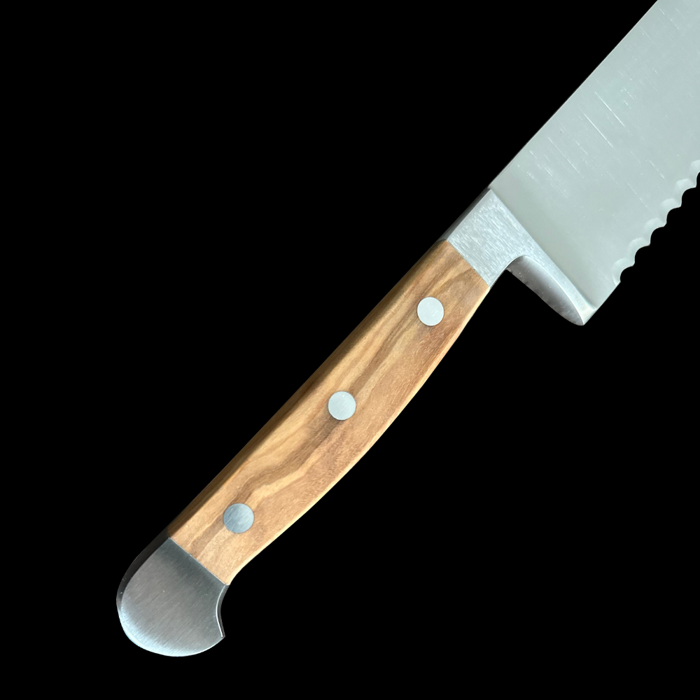 Franz Gude Series High Carbon Double Bolster Bread Knife 12", Italian Oak Wood Handle and Serrated Blade, Left Handed - GuedeUSA