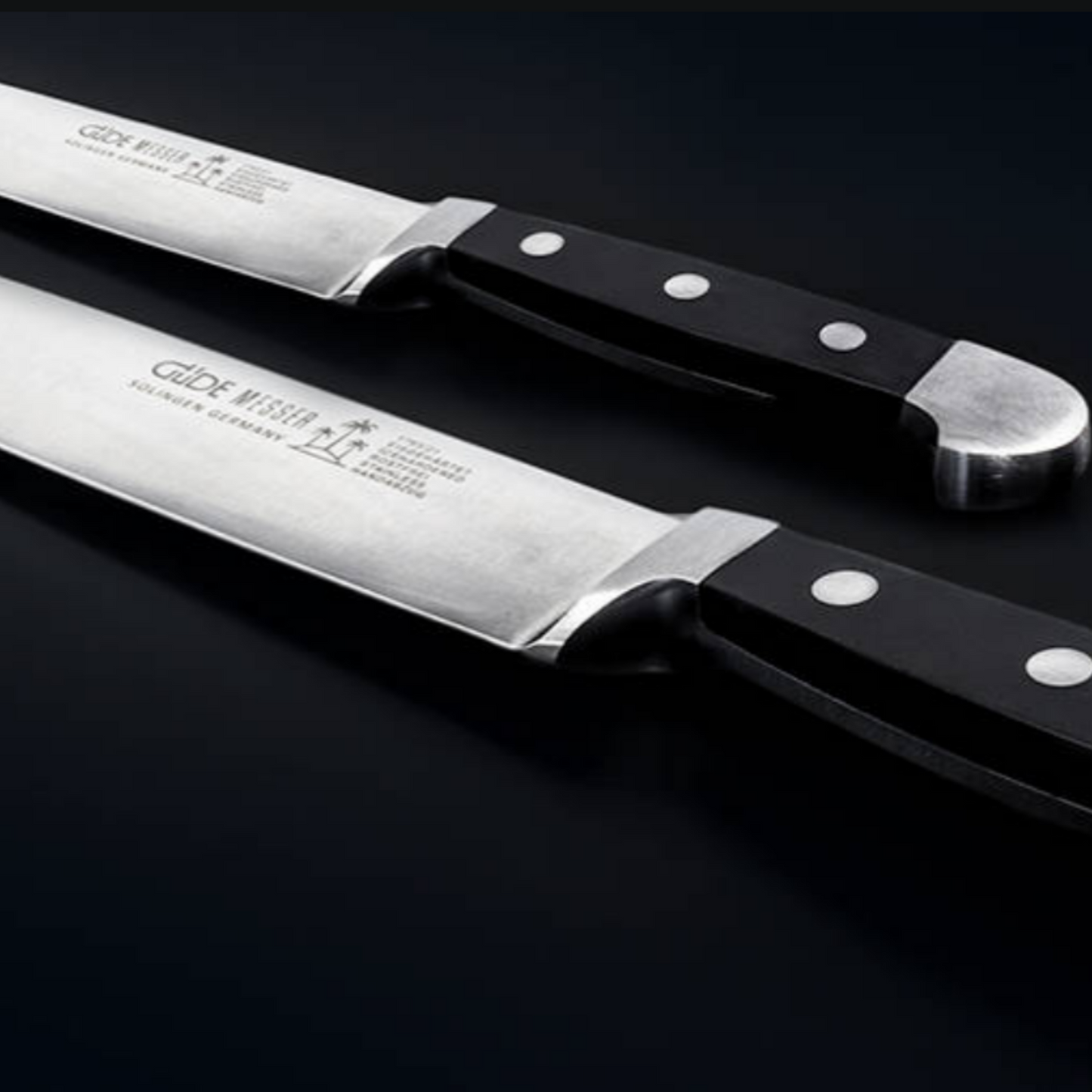 Gude Alpha Series Forged Double Bolster Steak Knife 4 1/2", Black Hostaform Handle and Serrated Blade - GuedeUSA