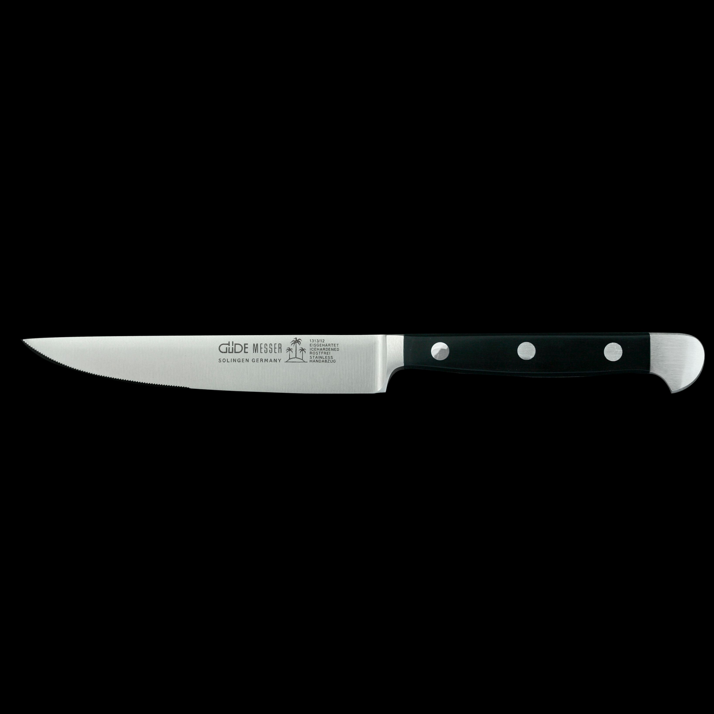 Gude Alpha Series Forged Double Bolster Steak Knife 4 1/2", Black Hostaform Handle and Serrated Blade - GuedeUSA