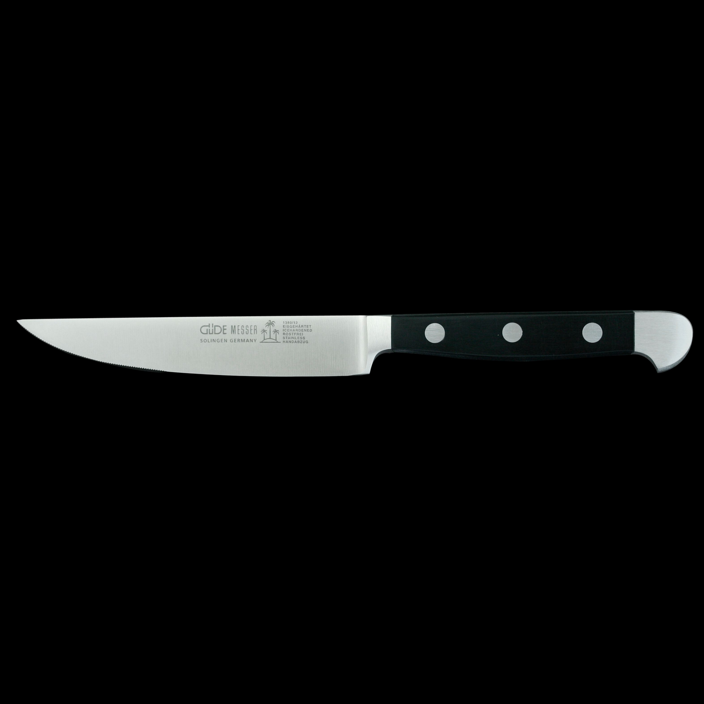 Gude Alpha Series Forged Double Bolster Porterhouse Steak Knife 4 1/2", Black Hostaform Handle and Serrated Blade - GuedeUSA