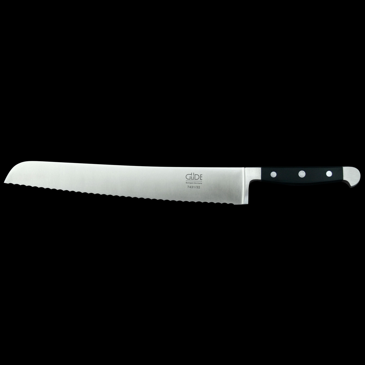 Gude Alpha Series Forged Double Bolster Bread Knife 12", Black Hostaform Handle and Serrated Blade - GuedeUSA