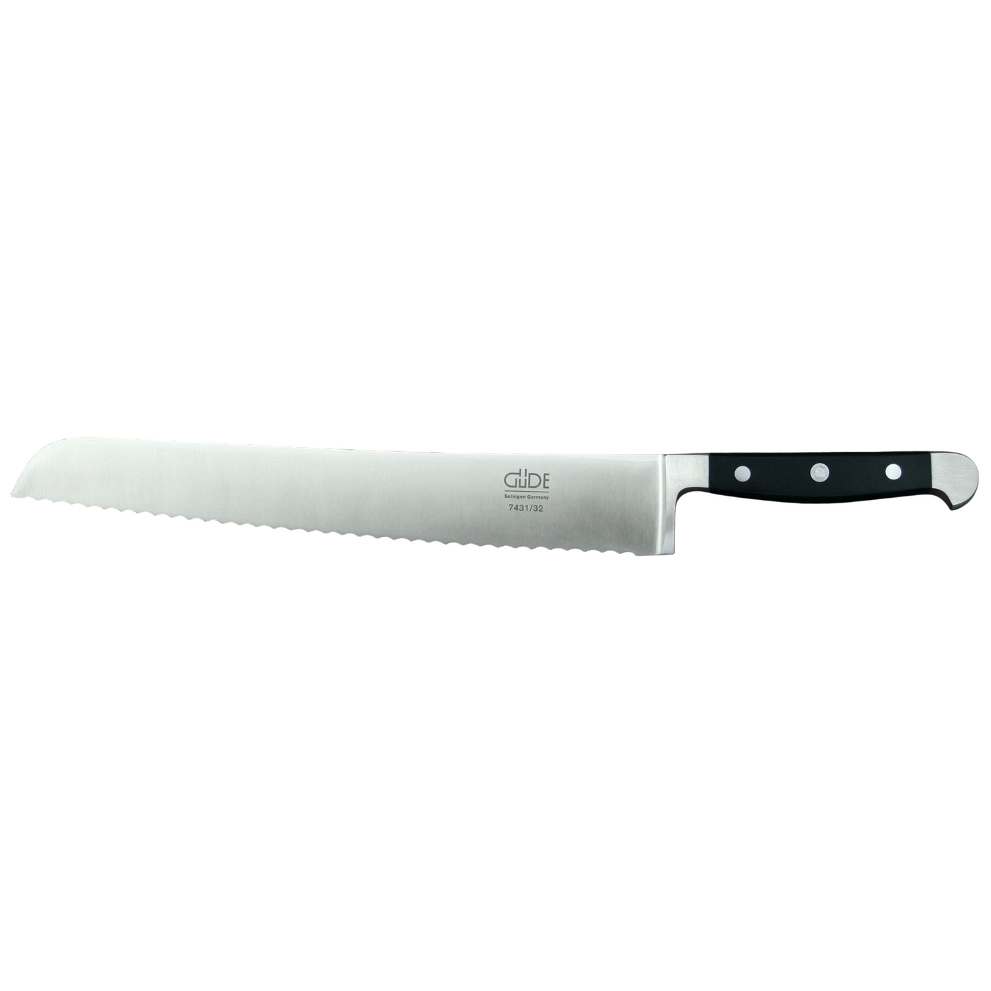 Gude Alpha Series Forged Double Bolster Serrated Bread Knife 12-in, Black Hostaform Handle