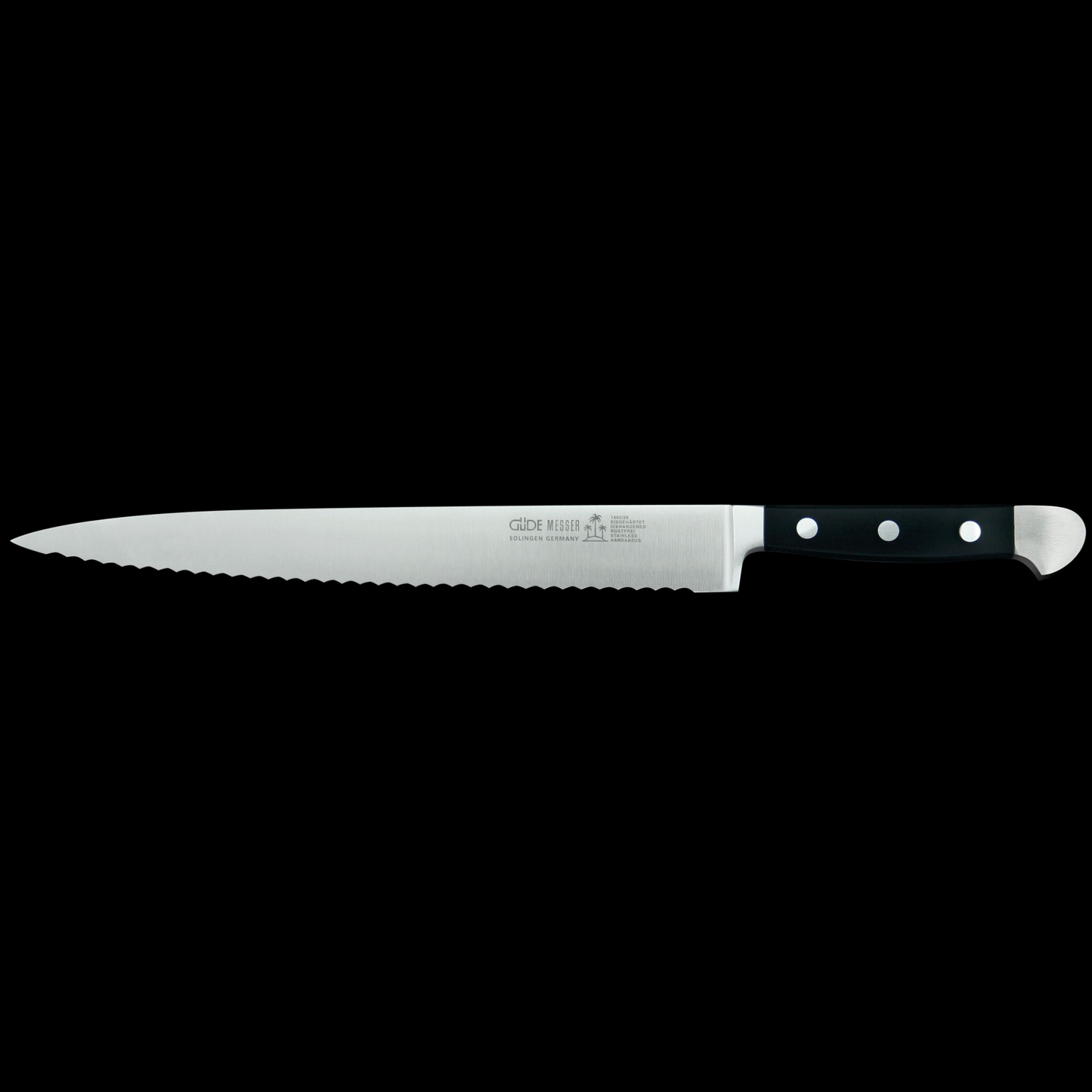 Gude Alpha Series Forged Double Bolster Serrated Slicer / Roast Beef Knife 10", Black Hostaform Handle - GuedeUSA