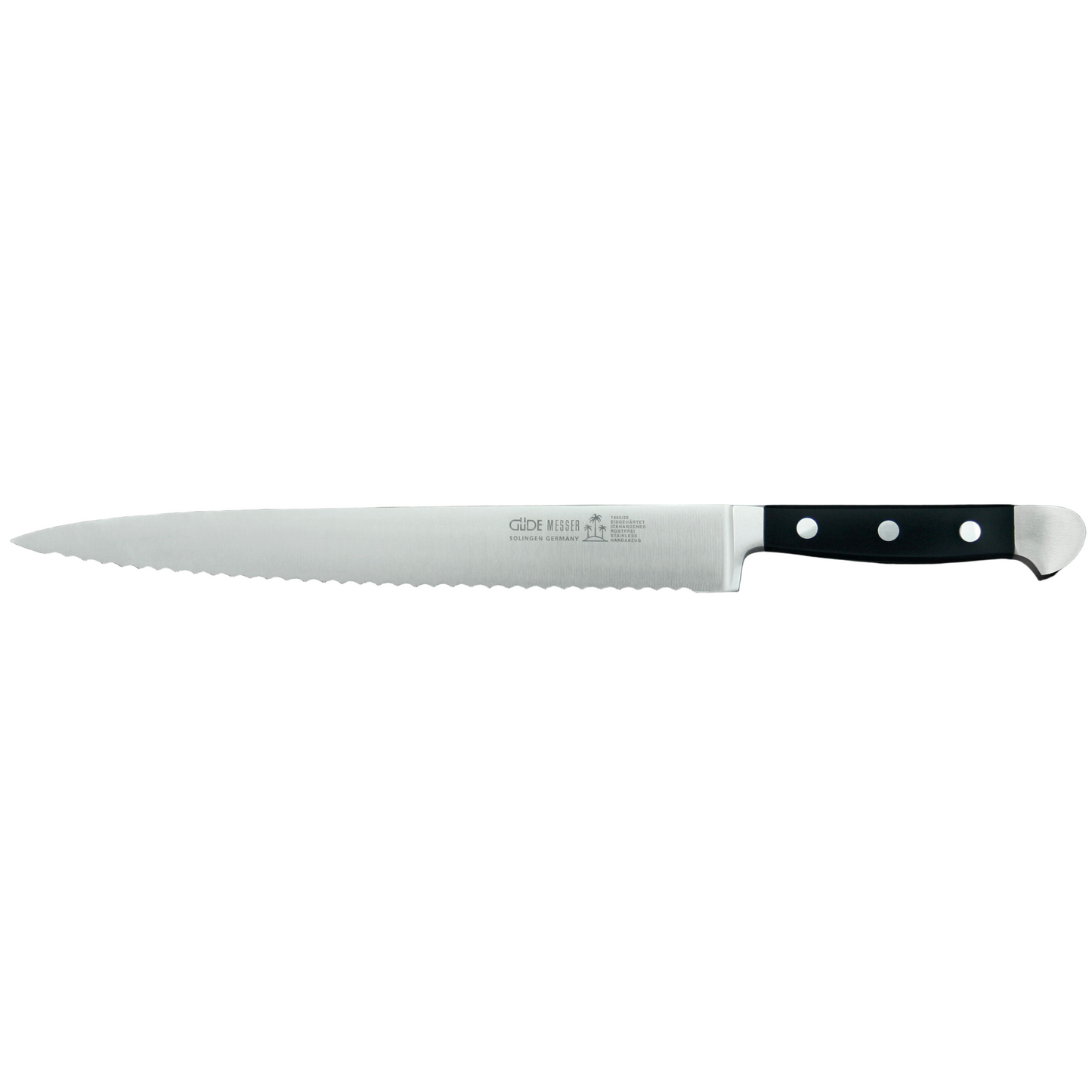 Gude Alpha Series Forged Double Bolster Serrated Slicer / Roast Beef Knife 10-in, Black Hostaform Handle