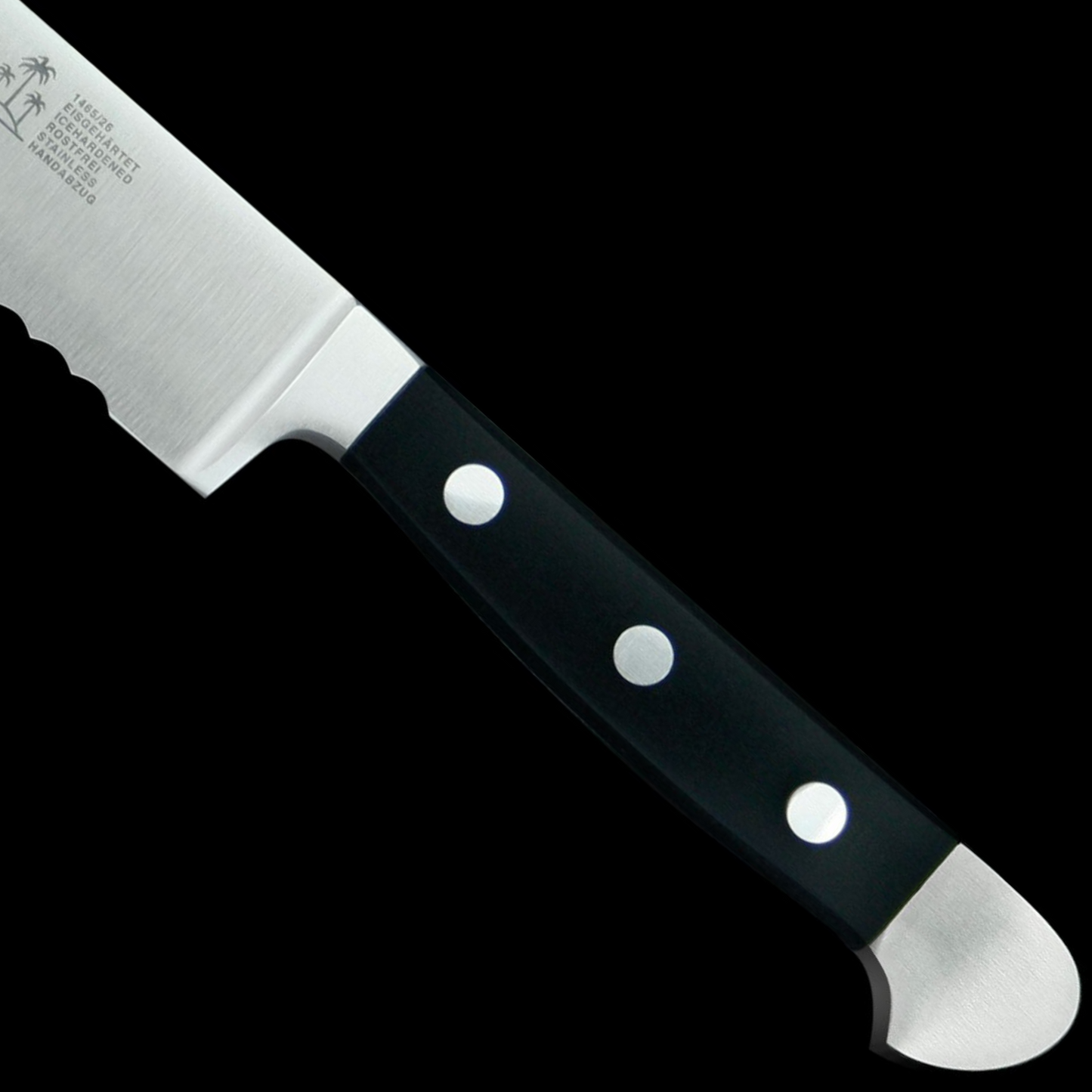 Gude Alpha Series Forged Double Bolster Serrated Slicer / Roast Beef Knife 10", Black Hostaform Handle - GuedeUSA