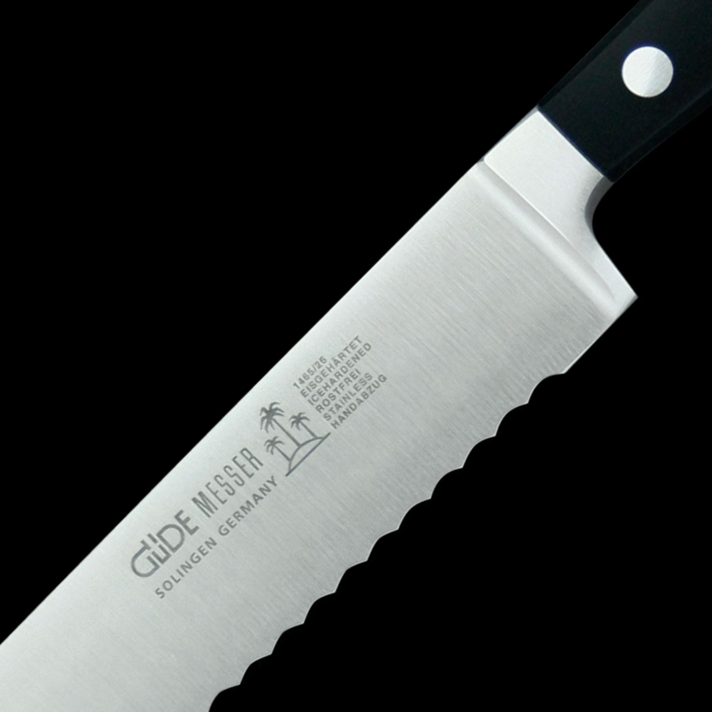 Gude Alpha Series Forged Double Bolster Serrated Slicer / Roast Beef Knife 10", Black Hostaform Handle - GuedeUSA