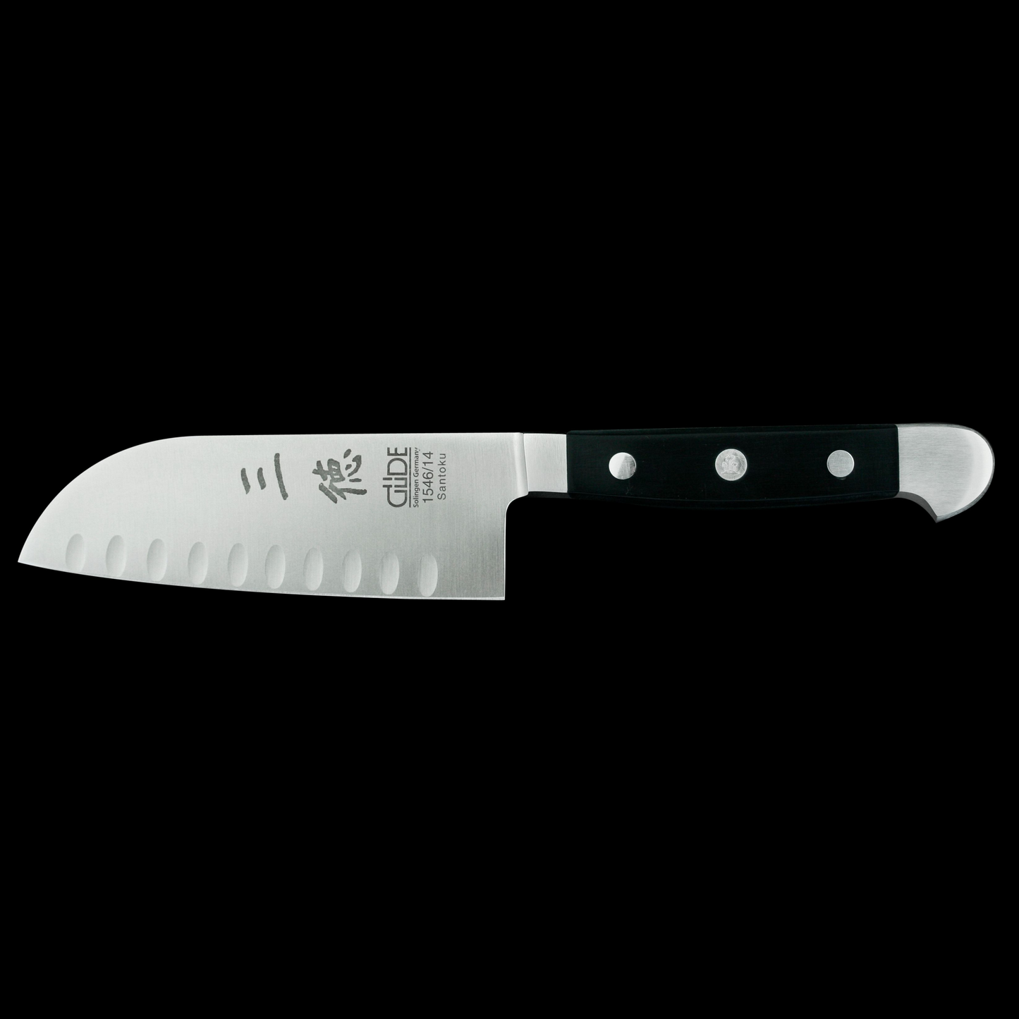 Gude Alpha Series Forged Double Bolster Santoku Knife 5", Black Hostaform Handle and Granton Edge - GuedeUSA