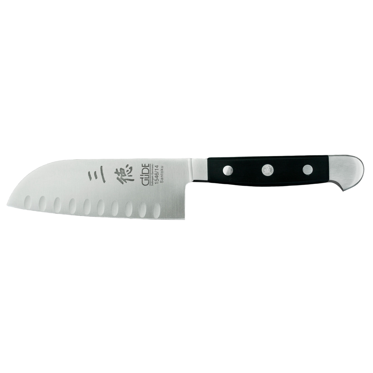 Gude Alpha Series Forged Double Bolster Hollow Edge Santoku Knife 5-in, Black Hostaform Handle