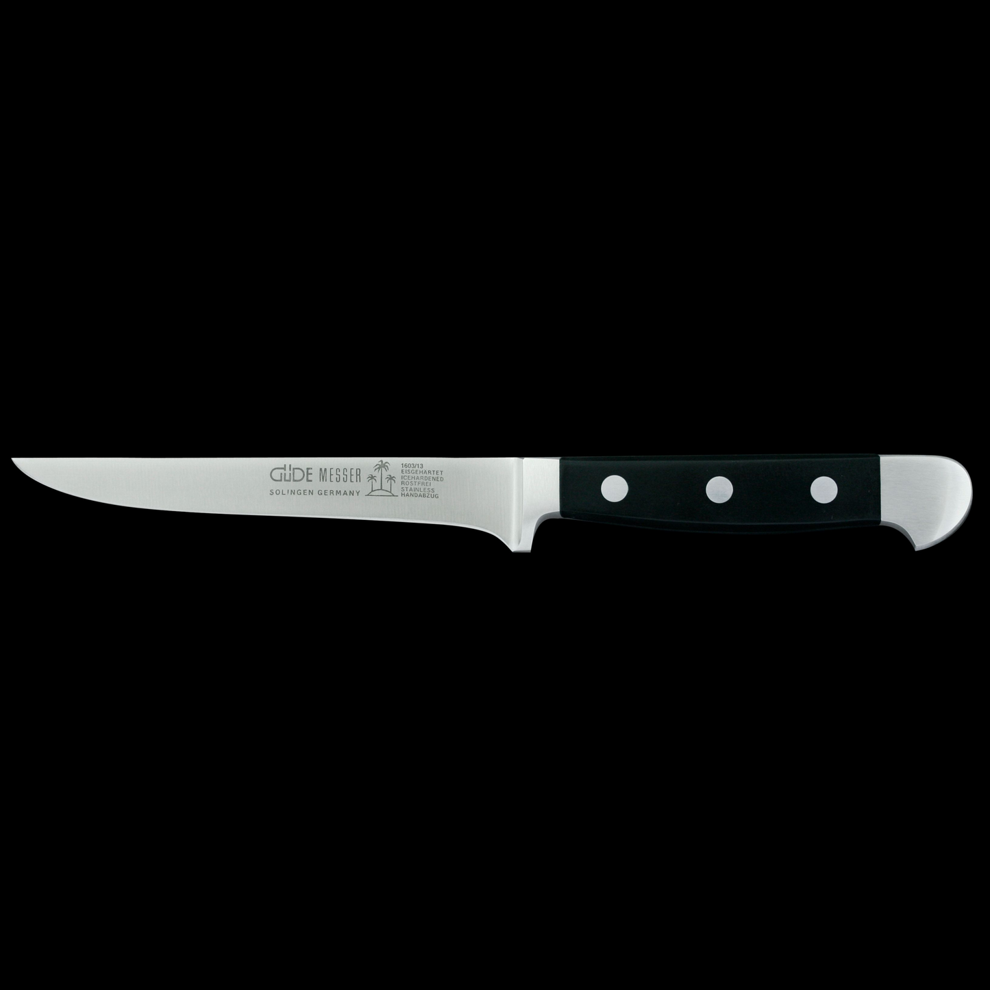 Gude Alpha Series Forged Double Bolster Boning Knife 5", Black Hostaform Handle - GuedeUSA