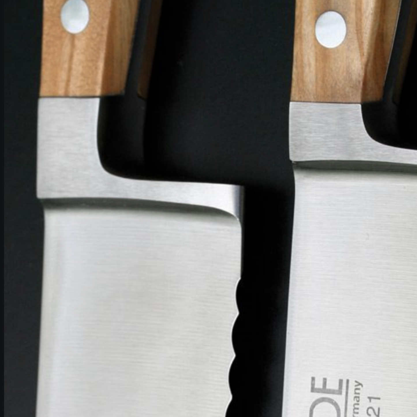 Gude Alpha Olive Series Forged Double Bolster Bread Knife 8", Olivewood Handle and Serrated Blade - GuedeUSA