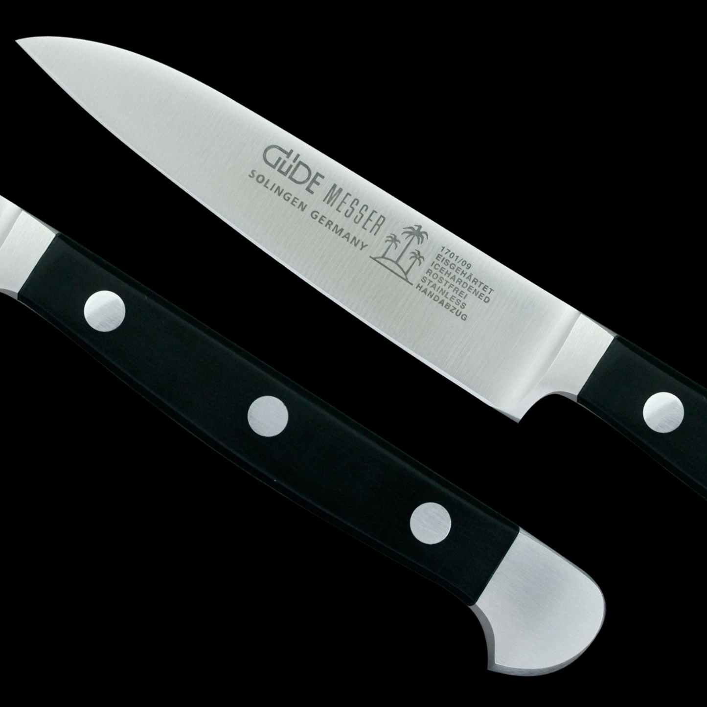 Gude Alpha Series Forged Double Bolster Utility Knife 3", Black Hostaform Handle - GuedeUSA