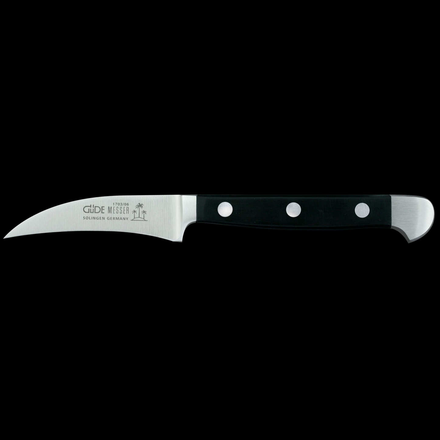 Gude Alpha Series Forged Double Bolster Bird's Beak Knife 2", Black Hostaform Handle - GuedeUSA