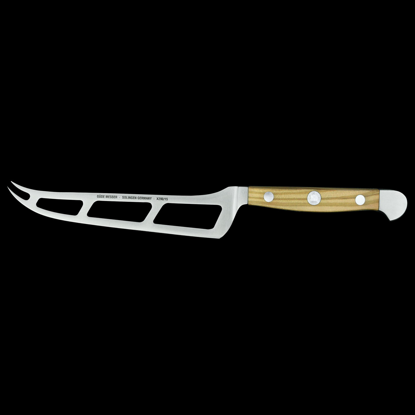 Gude Alpha Olive Series Forged Double Bolster Cheese Knife 6", Olivewood Handle and Serrated Blade - GuedeUSA