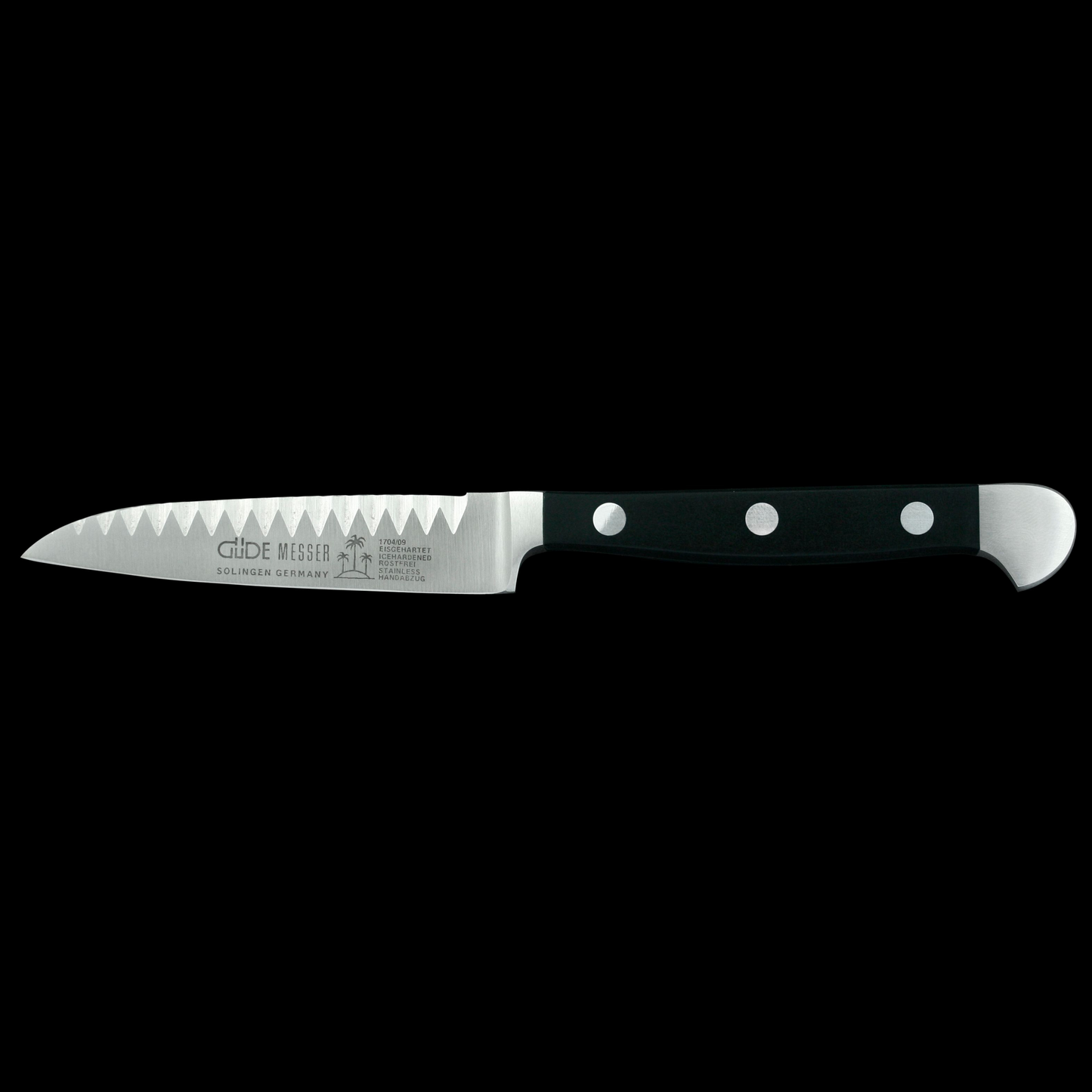 Gude Alpha Series Forged Double Bolster Decorating Knife 3", Black Hostaform Handle - GuedeUSA