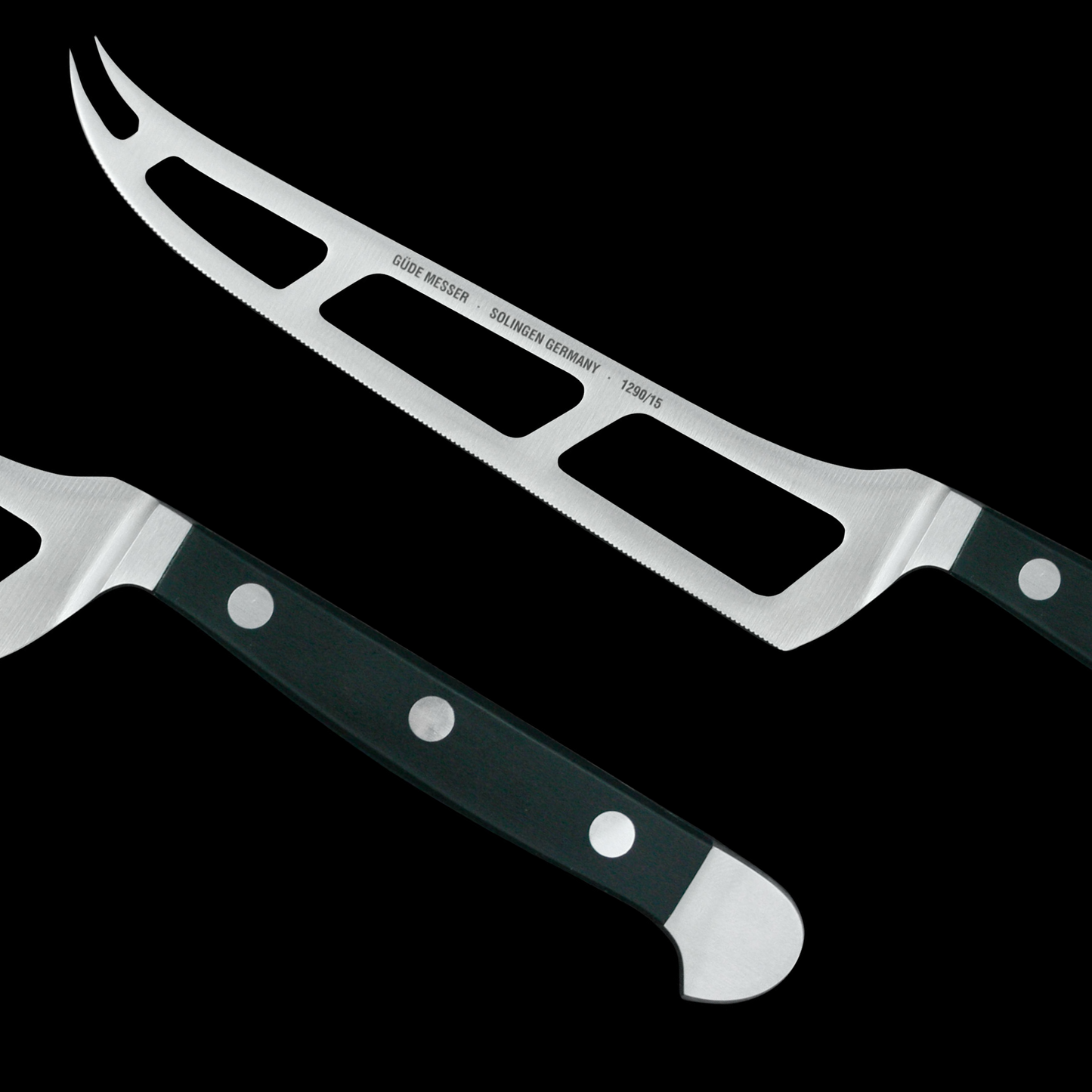 Gude Alpha Series Forged Double Bolster Cheese Knife 6", Hostaform Black Handle and Serrated Blade - GuedeUSA