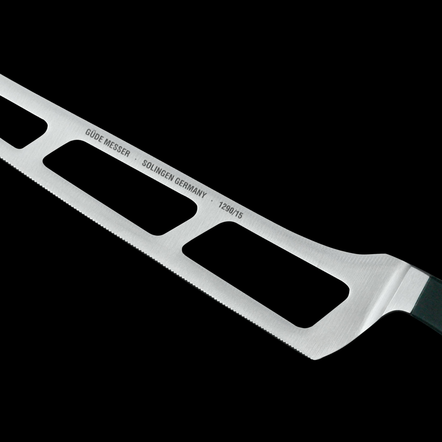 Gude Alpha Series Forged Double Bolster Cheese Knife 6", Hostaform Black Handle and Serrated Blade - GuedeUSA