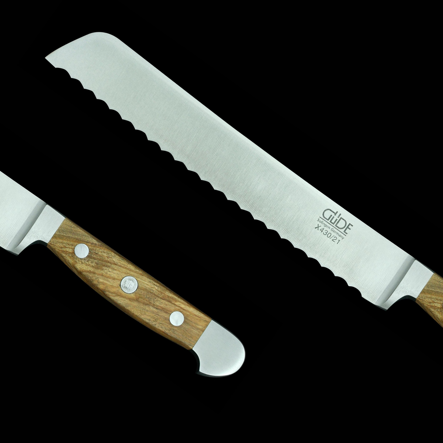 Gude Alpha Olive Series Forged Double Bolster Bread Knife 8", Olivewood Handle and Serrated Blade - GuedeUSA
