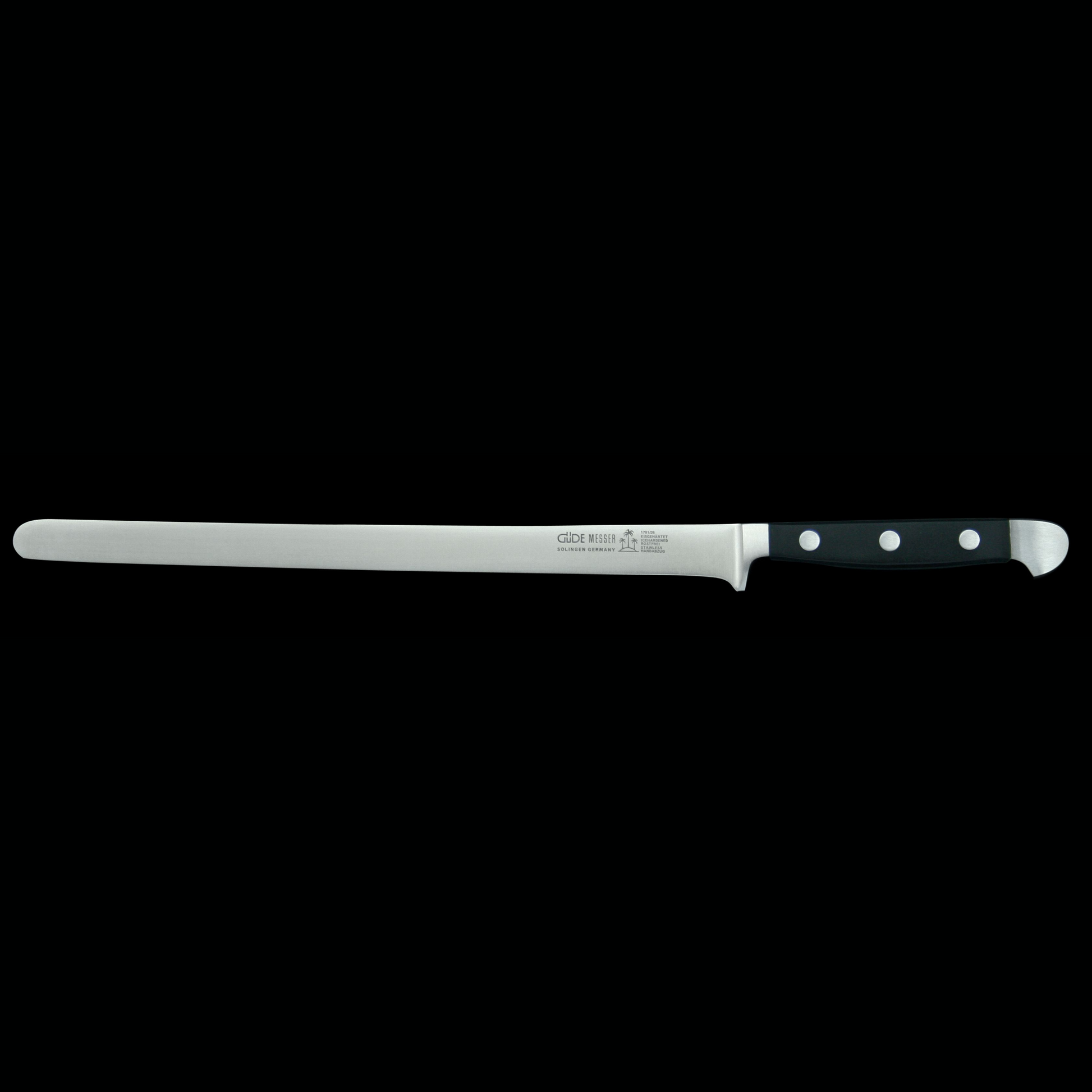 Gude Alpha Series Forged Double Bolster Salmon Slicer 10", Black Hostaform Handle - GuedeUSA