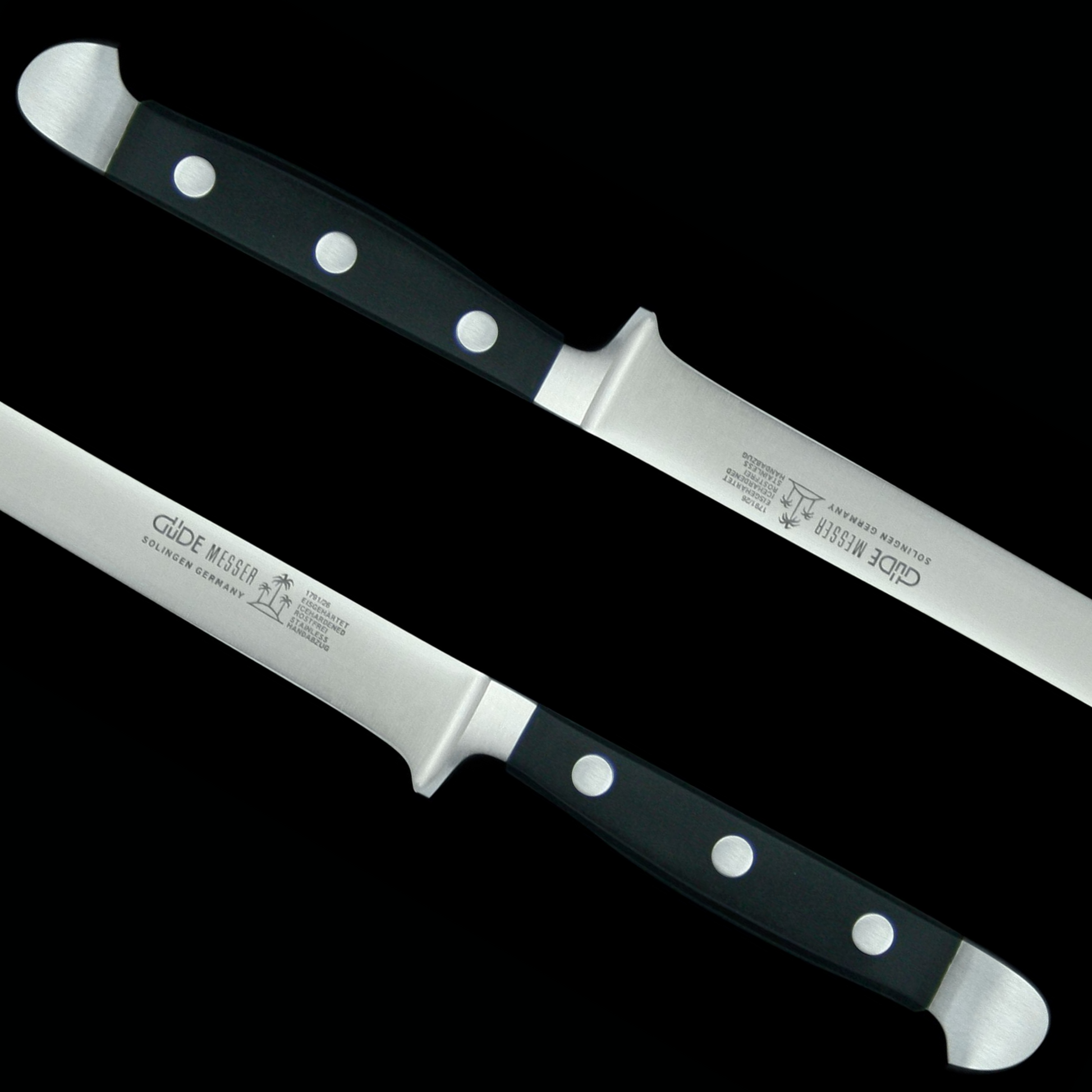 Gude Alpha Series Forged Double Bolster Salmon Slicer 10", Black Hostaform Handle - GuedeUSA