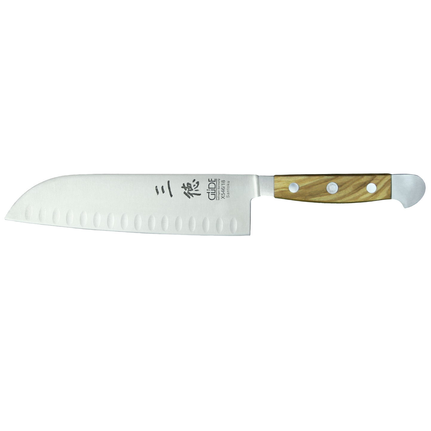 Gude Alpha Olive Series Forged Double Bolster Hollow Edge Santoku Knife 7-in, Olivewood Handle