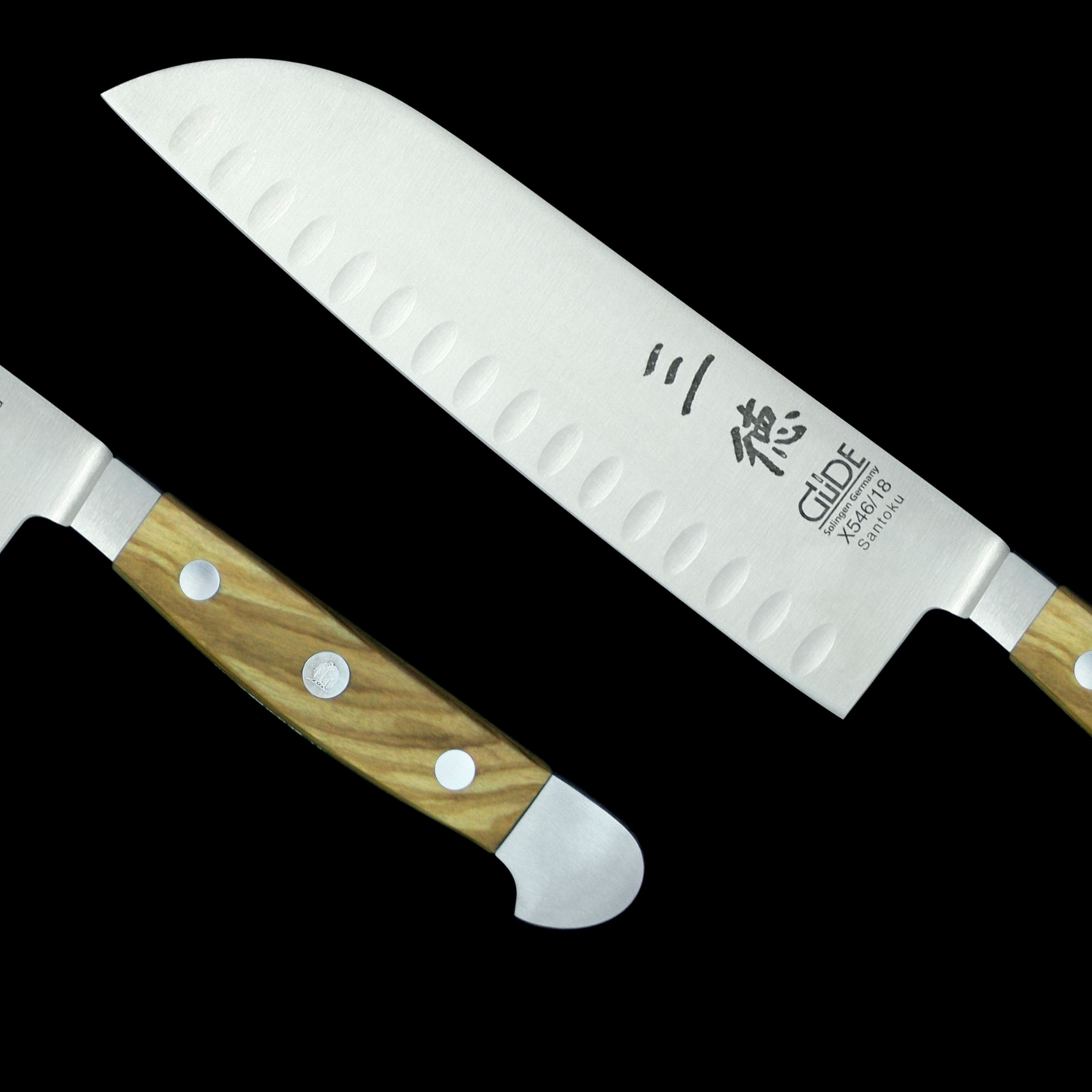 Gude Alpha Olive Series Forged Double Bolster Santoku Knife 7", Olivewood Handle and Granton Edge - GuedeUSA