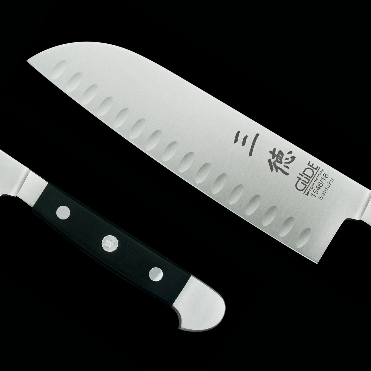 Gude Alpha Series Forged Double Bolster Santoku Knife 7", Black Hostaform Handle and Granton Edge - GuedeUSA