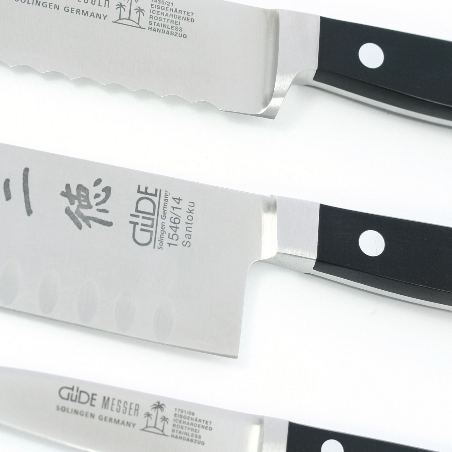 Gude Alpha Series Forged Double Bolster Santoku Knife 7", Black Hostaform Handle and Granton Edge - GuedeUSA