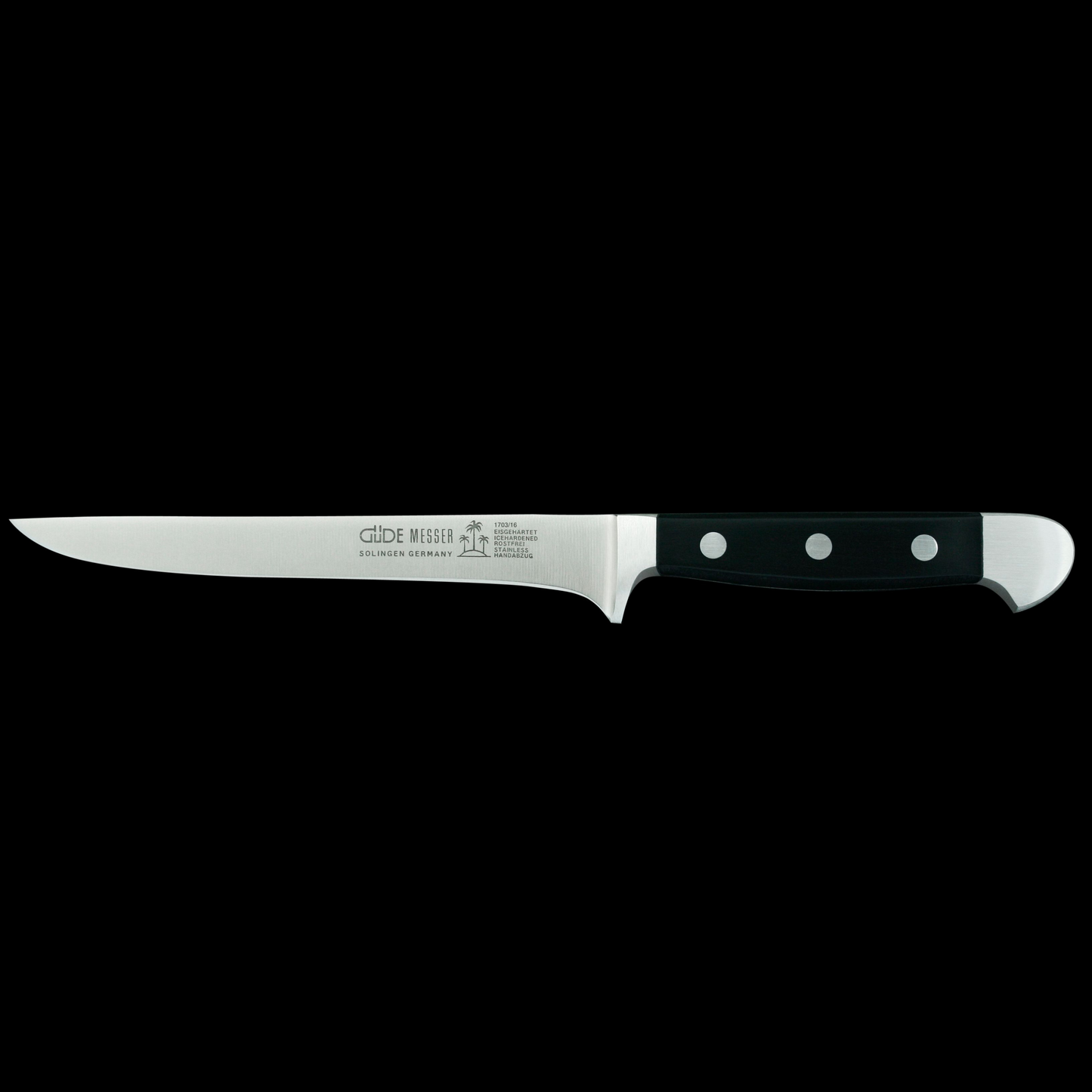 Gude Alpha Series Forged Double Bolster Boning Knife 6", Black Hostaform Handle - GuedeUSA