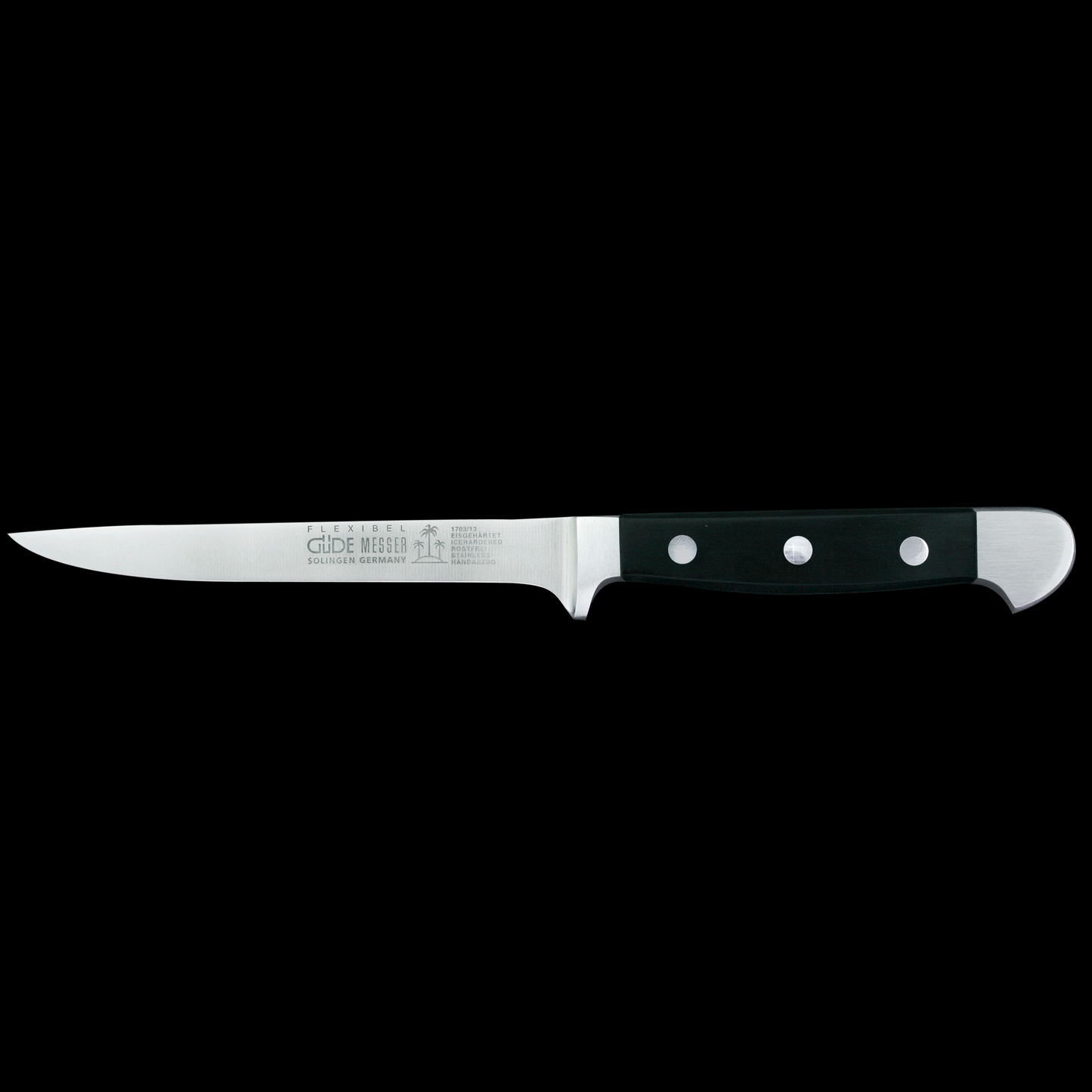 Gude Alpha Series Forged Double Bolster Flexible Boning Knife 5", Black Hostaform Handle - GuedeUSA