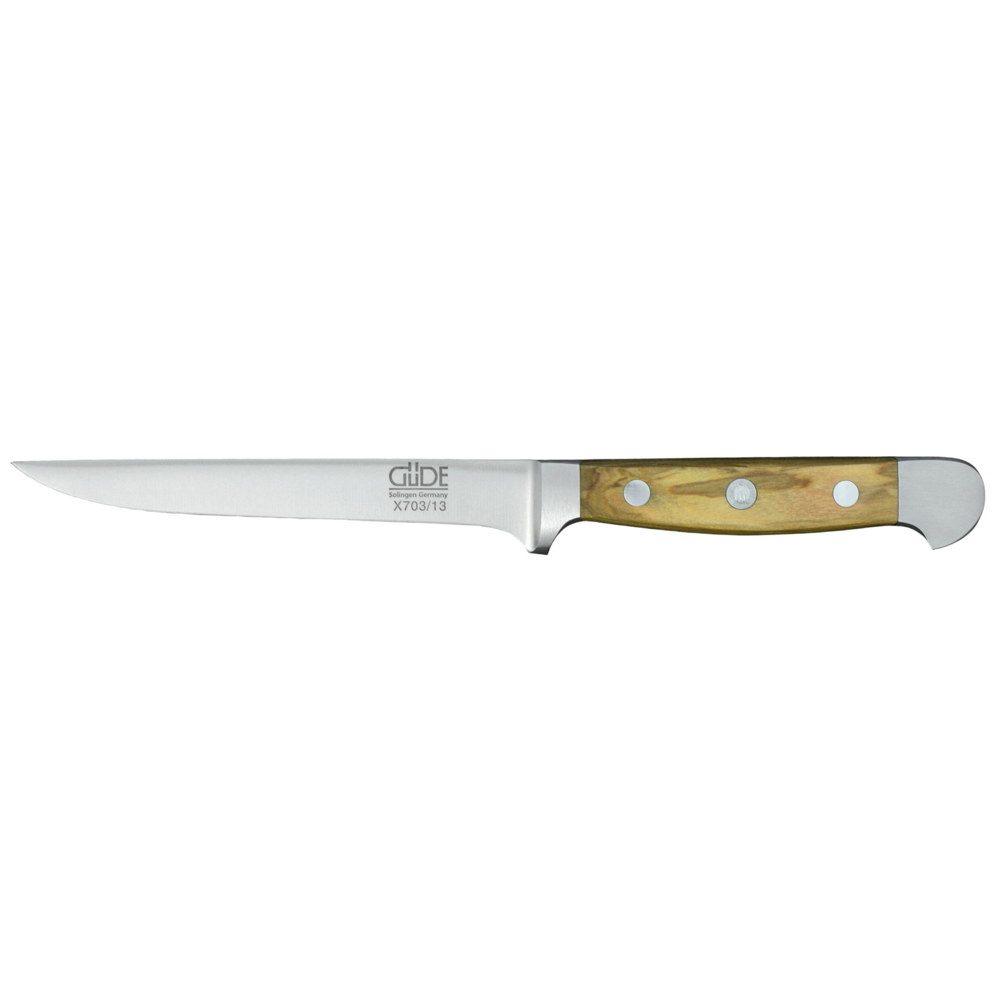 Gude Alpha Olive Series Forged Double Bolster Flexible Boning Knife 5-in, Olivewood Handle