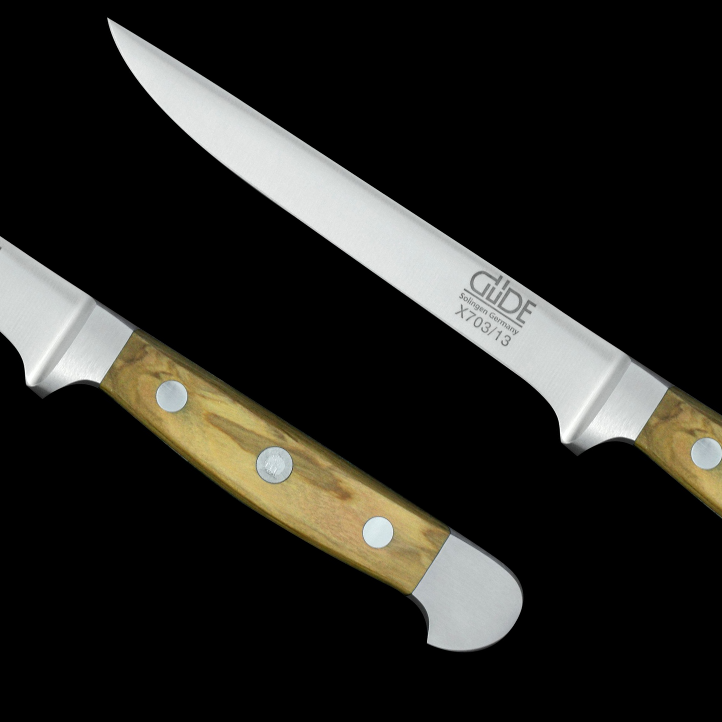 Gude Alpha Olive Series Forged Double Bolster Flexible Boning Knife 5", Olivewood Handle - GuedeUSA