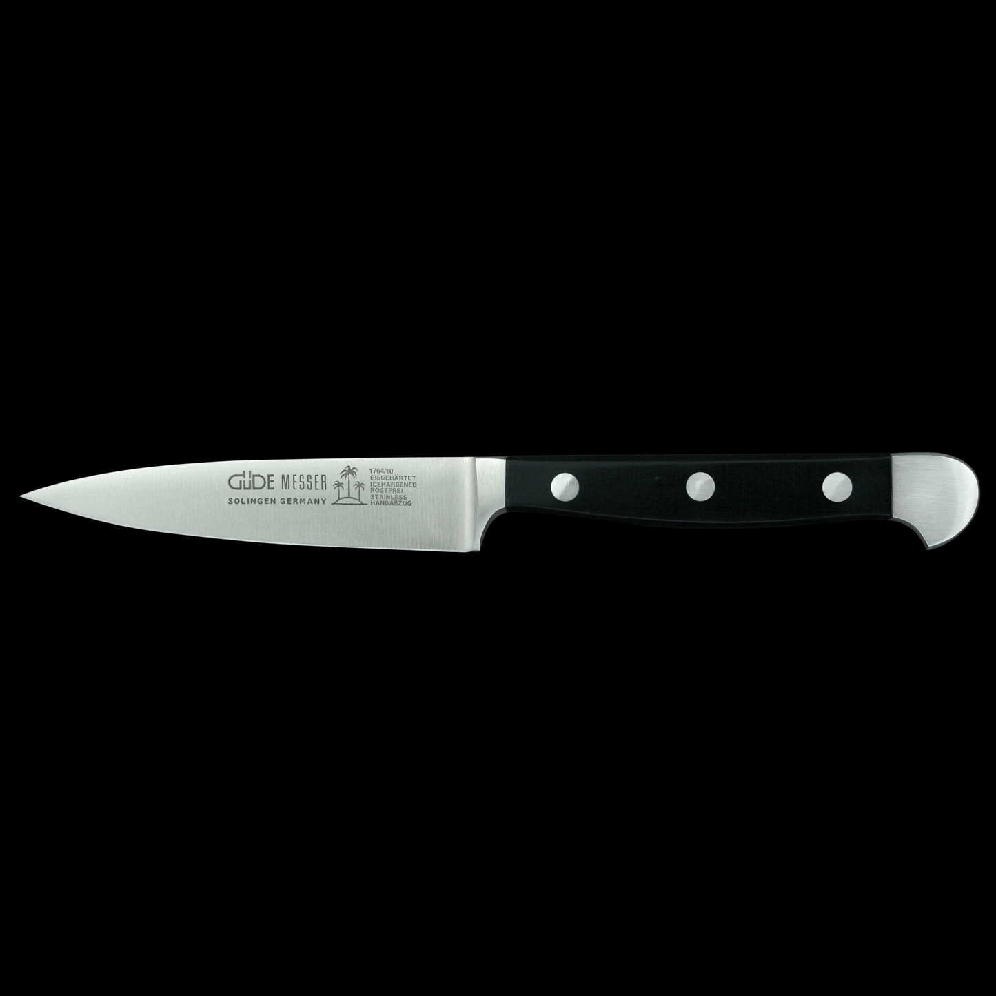 Gude Alpha Series Forged Double Bolster Paring Knife 4", Black Hostaform Handle - GuedeUSA