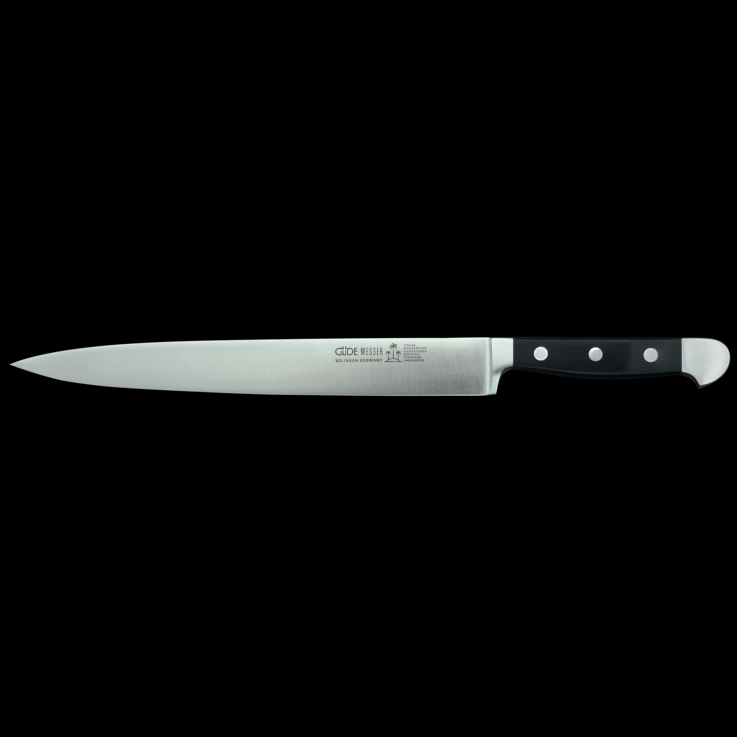 Gude Alpha Series Forged Double Bolster Slicing Knife 10", Black Hostaform Handle - GuedeUSA
