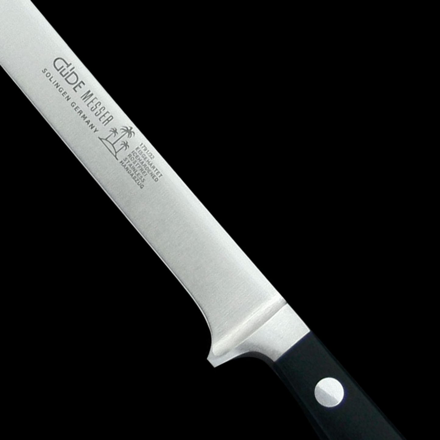 Gude Alpha Series Forged Double Bolster Salmon Slicer 12", Black Hostaform Handle - GuedeUSA