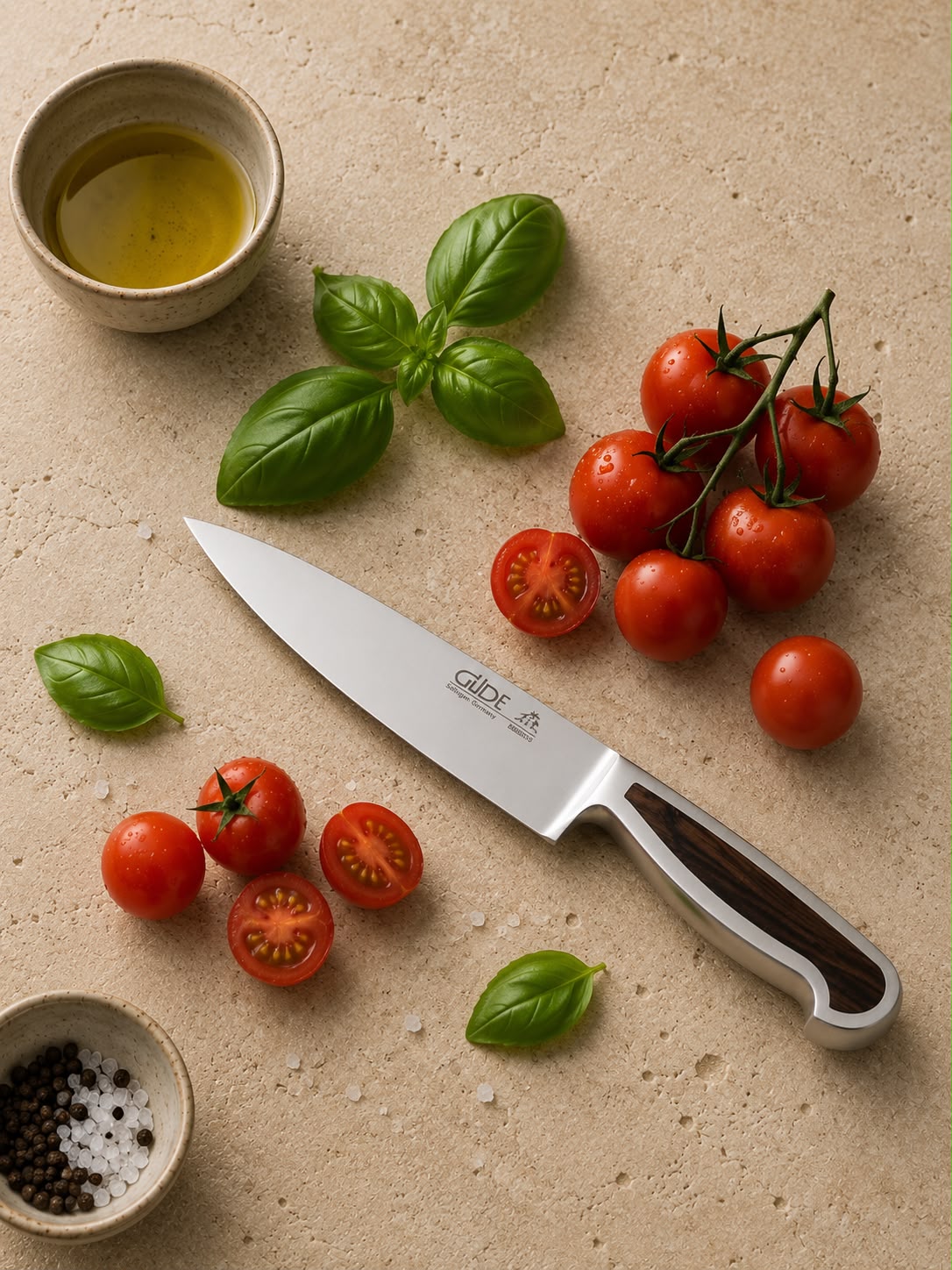 Güde Delta series, raised grenadilla wood handle scales on a solid, generously built knife