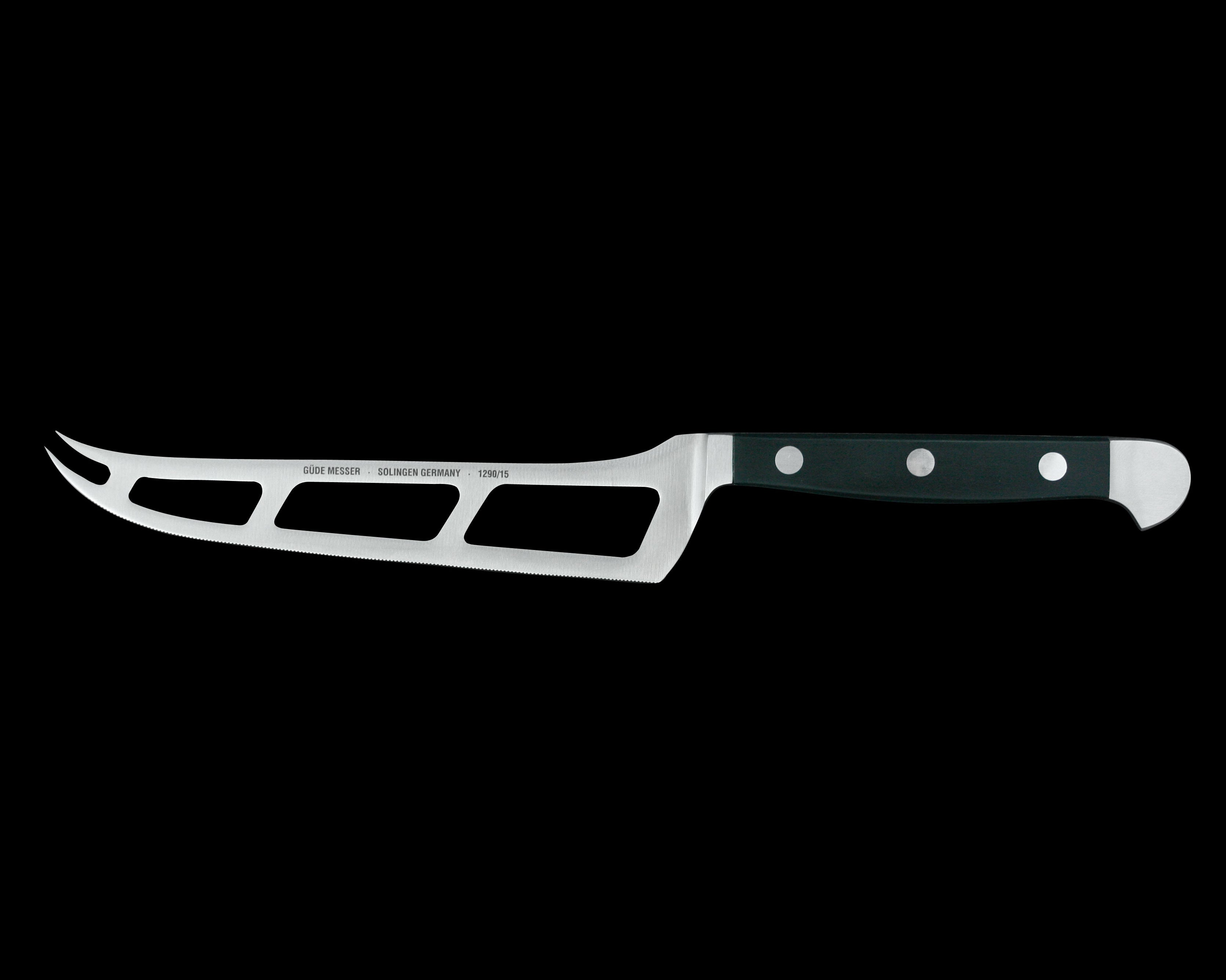 Gude Alpha Series Forged Double Bolster Cheese Knife 6", Hostaform Black Handle and Serrated Blade - GuedeUSA