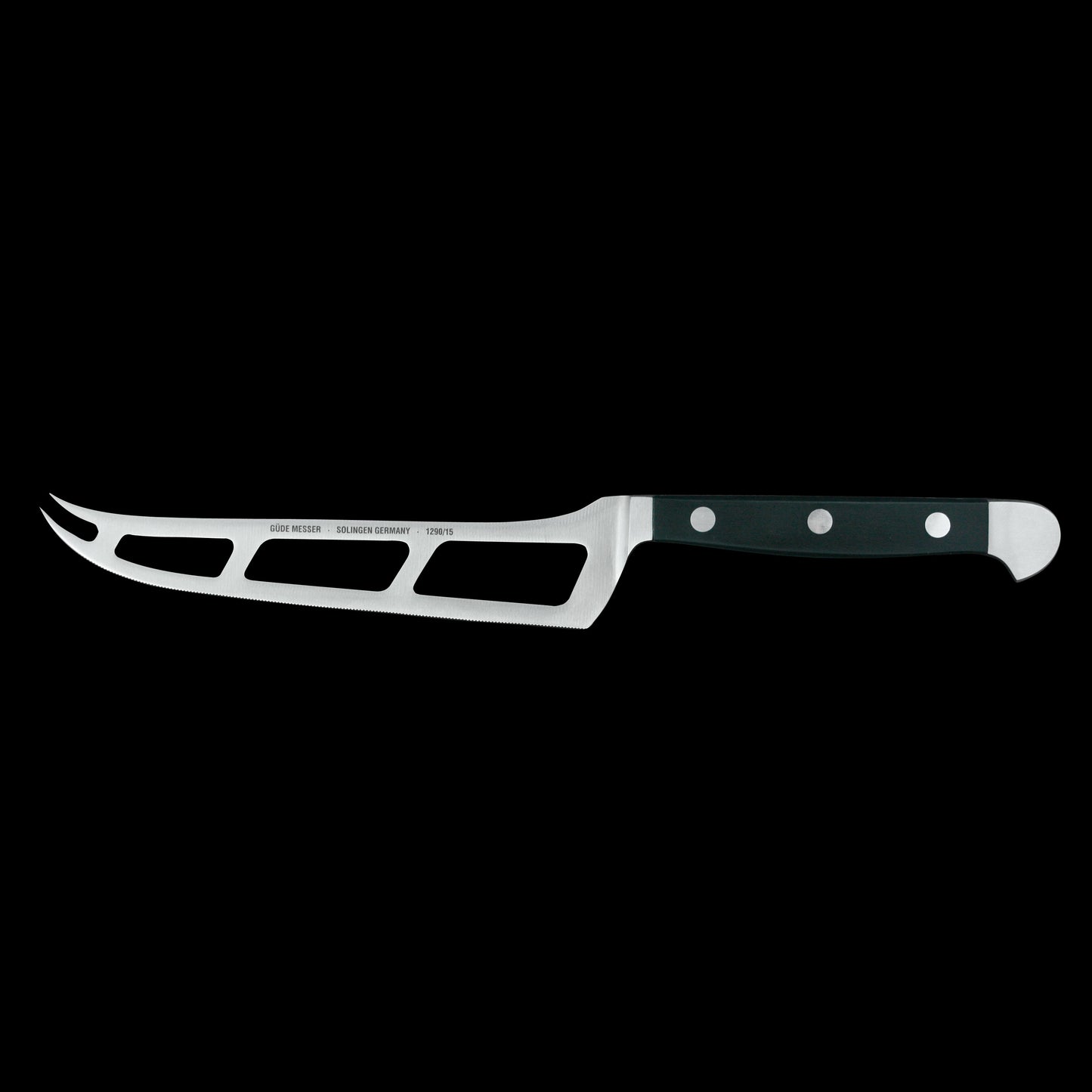 Gude Alpha Series Forged Double Bolster Cheese Knife 6", Hostaform Black Handle and Serrated Blade - GuedeUSA